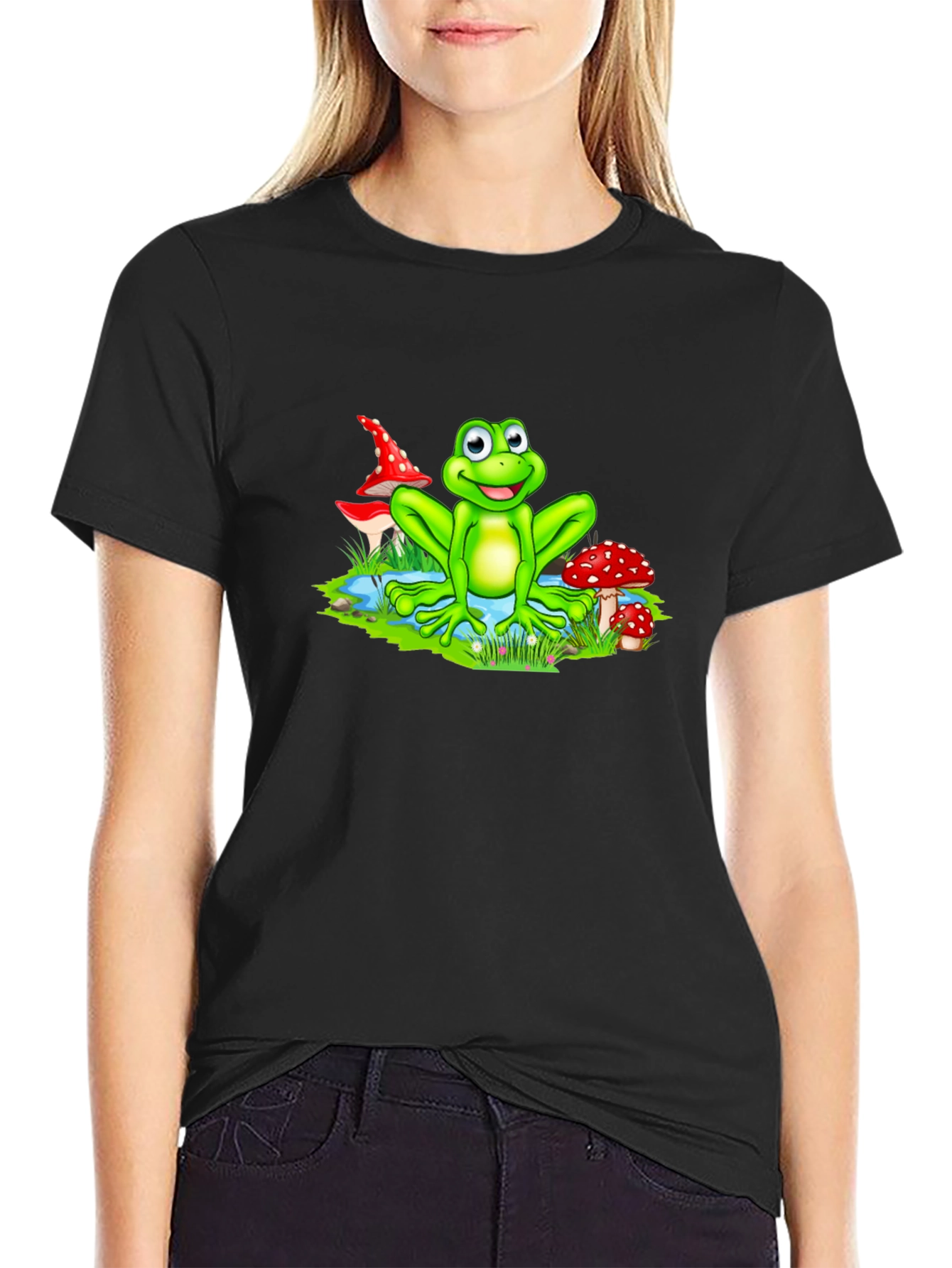 Cartoon Frog on Black T-Shirt