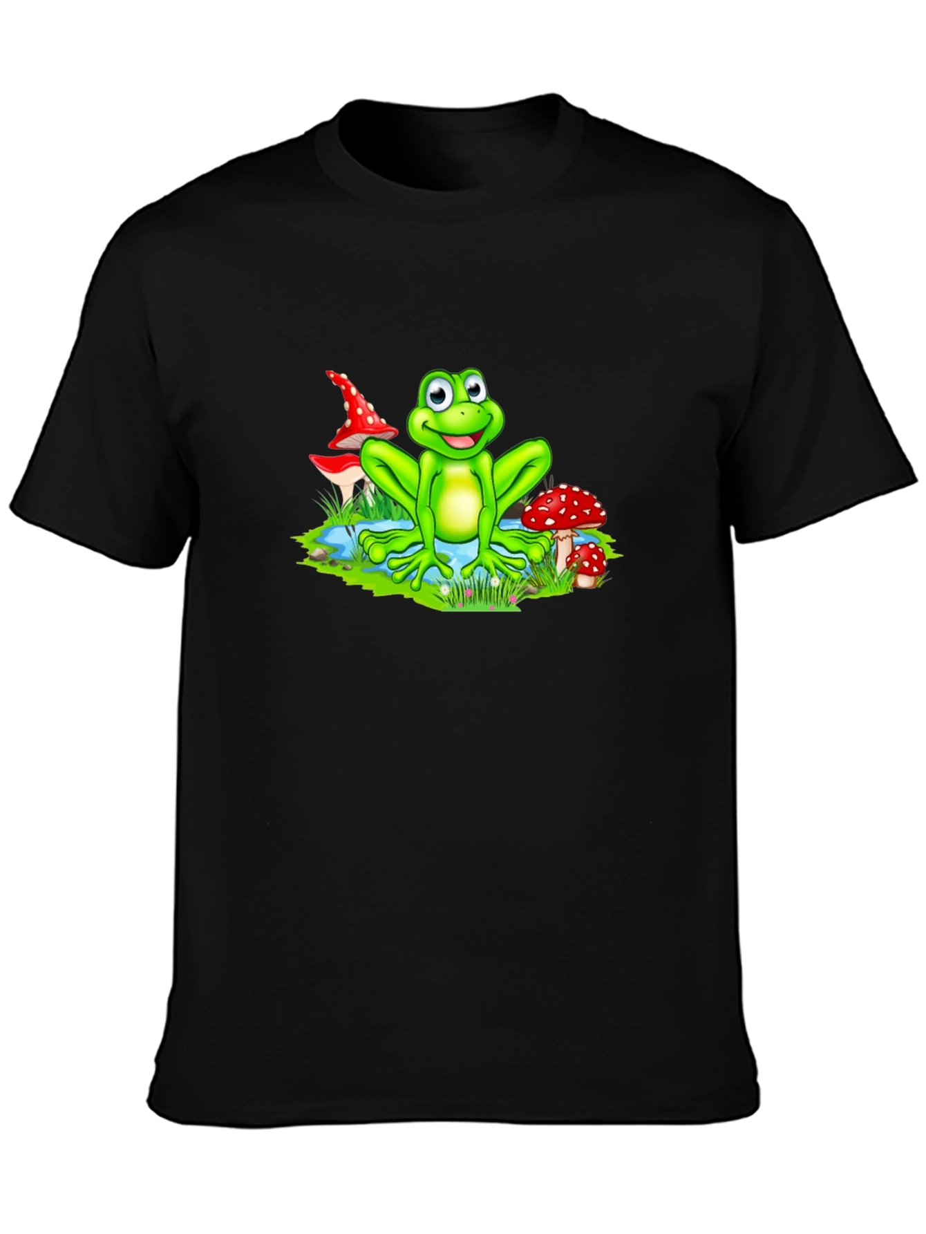 Cartoon Frog on Black T-Shirt