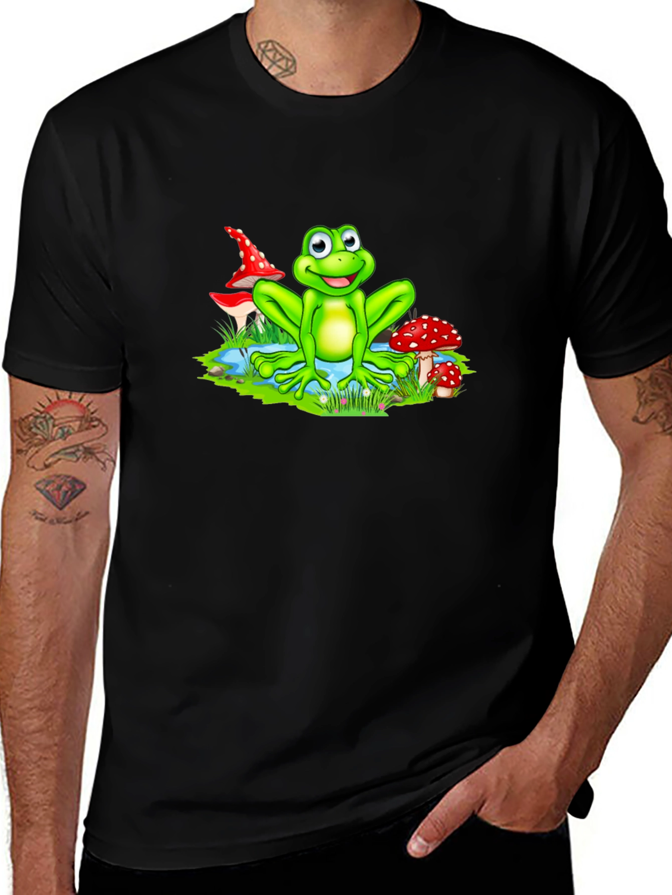Cartoon Frog on Black T-Shirt