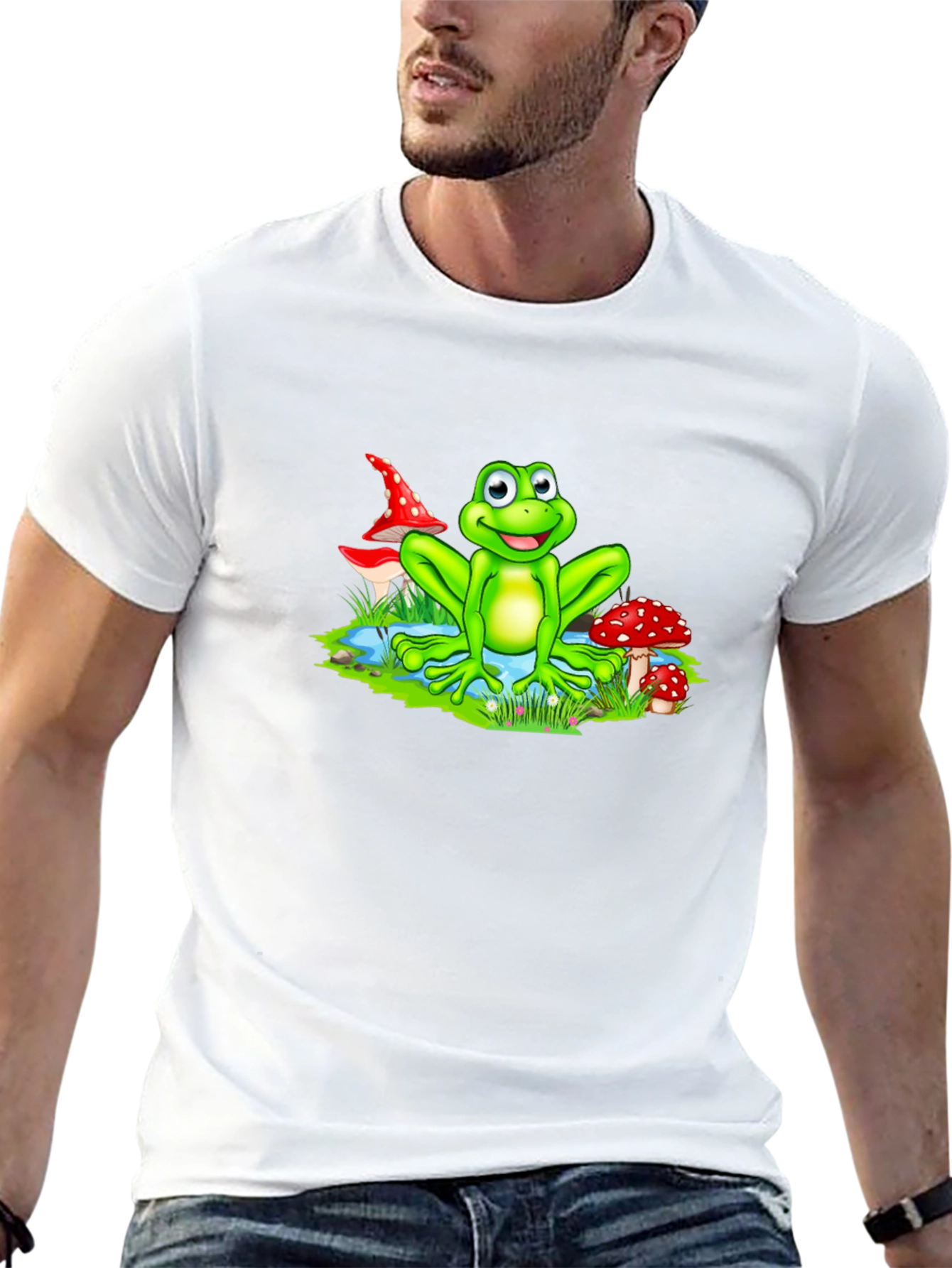 Cartoon Frog on Black T-Shirt