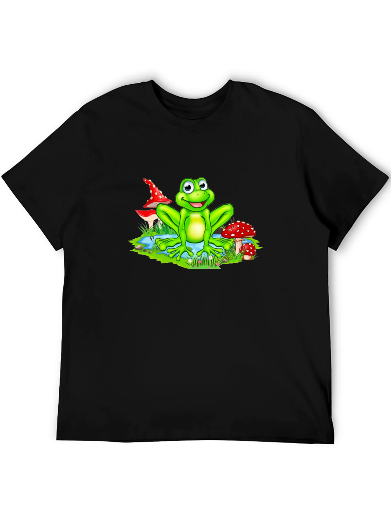 Cartoon Frog on Black T-Shirt