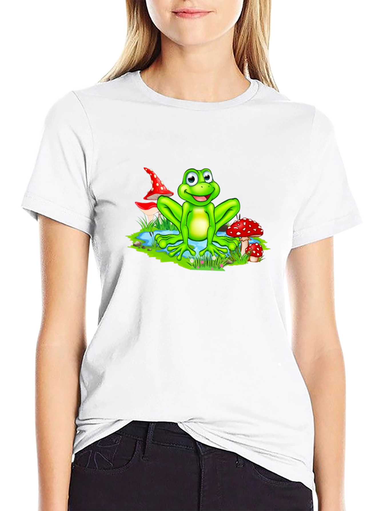 Cartoon Frog on Black T-Shirt