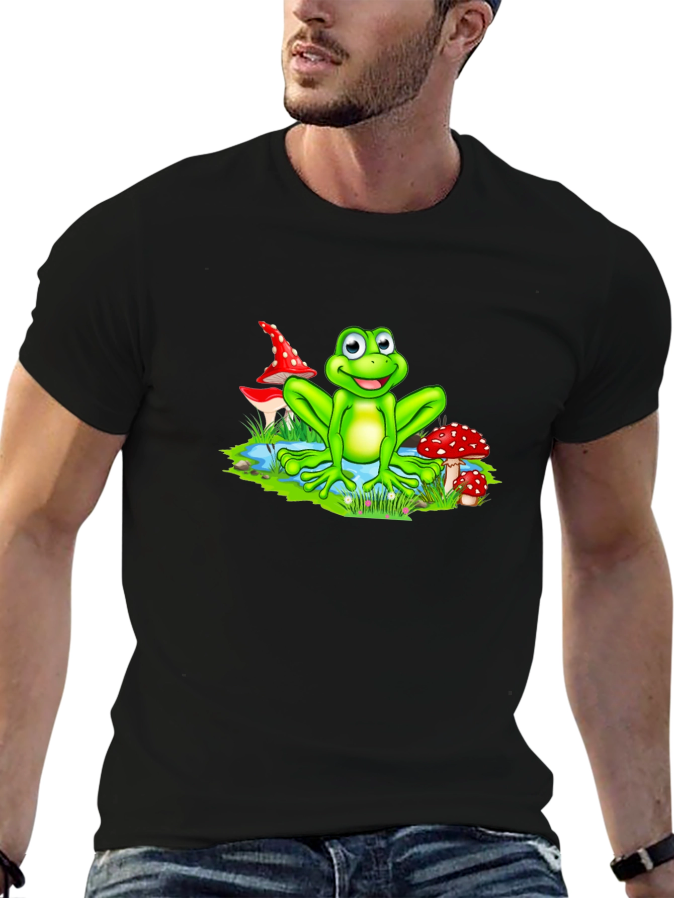 Cartoon Frog on Black T-Shirt