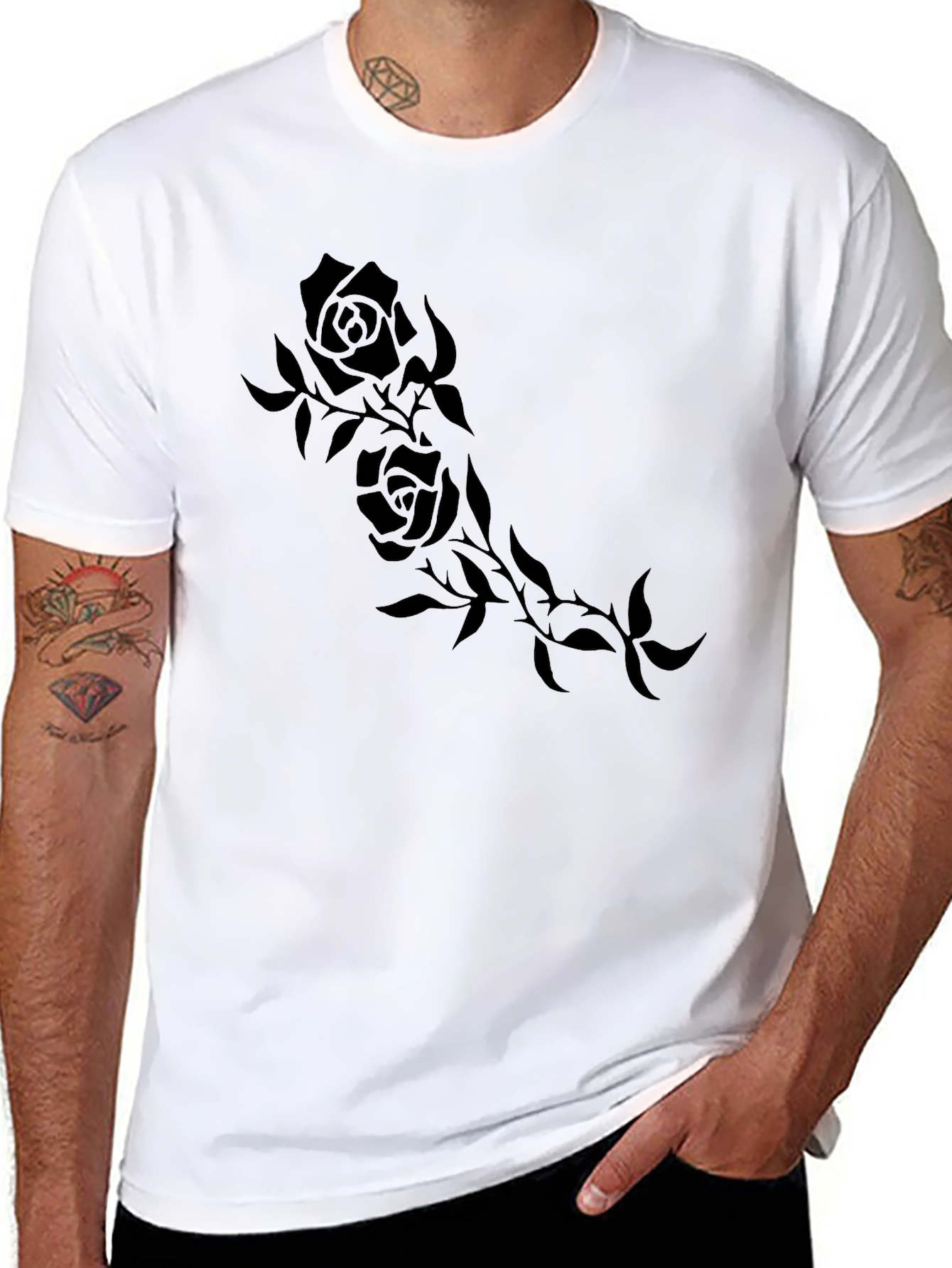 Black Rose Vine Print Mens T-Shirt