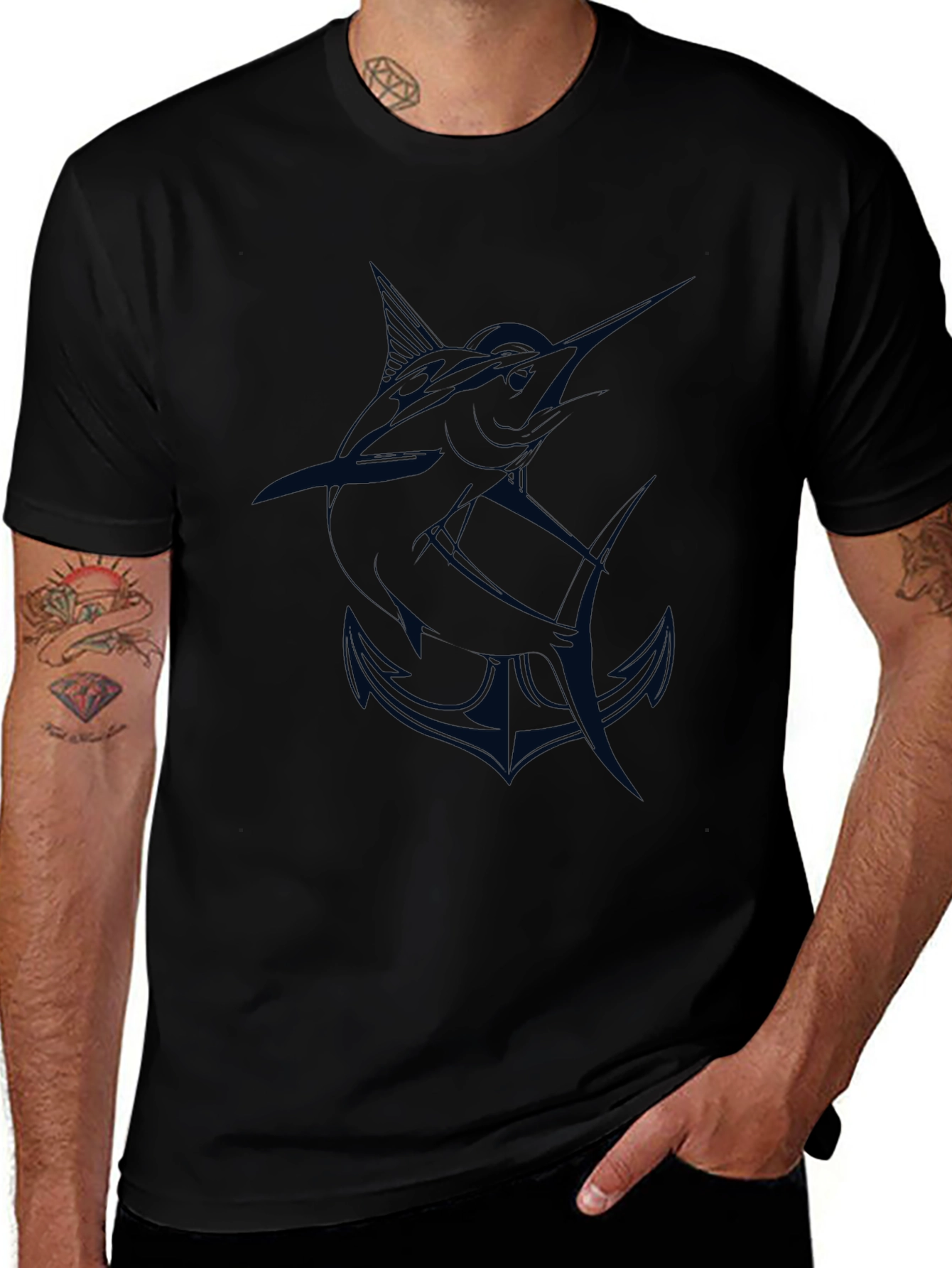 Mens Black T-Shirt with Marlin and Anchor Graphic