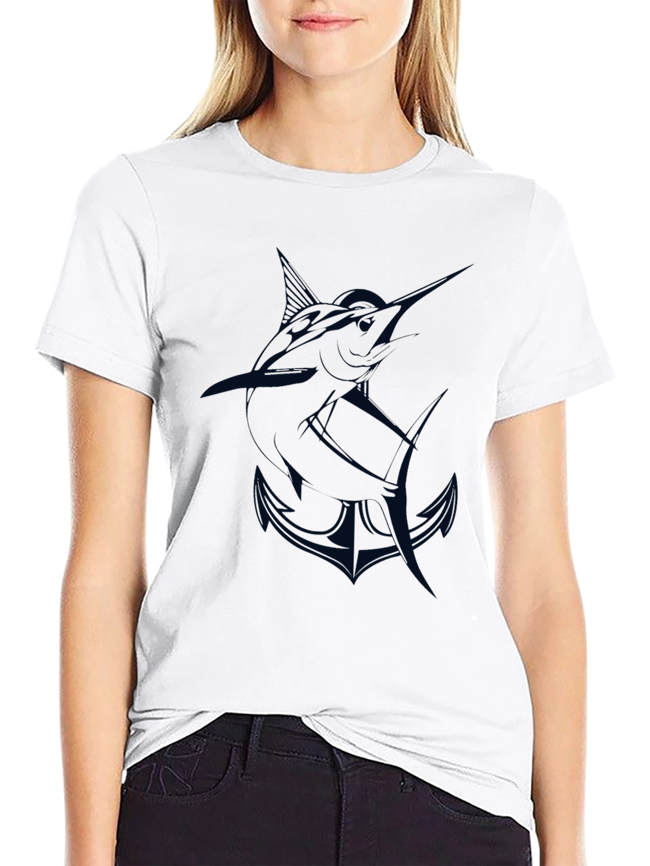 Mens Black T-Shirt with Marlin and Anchor Graphic