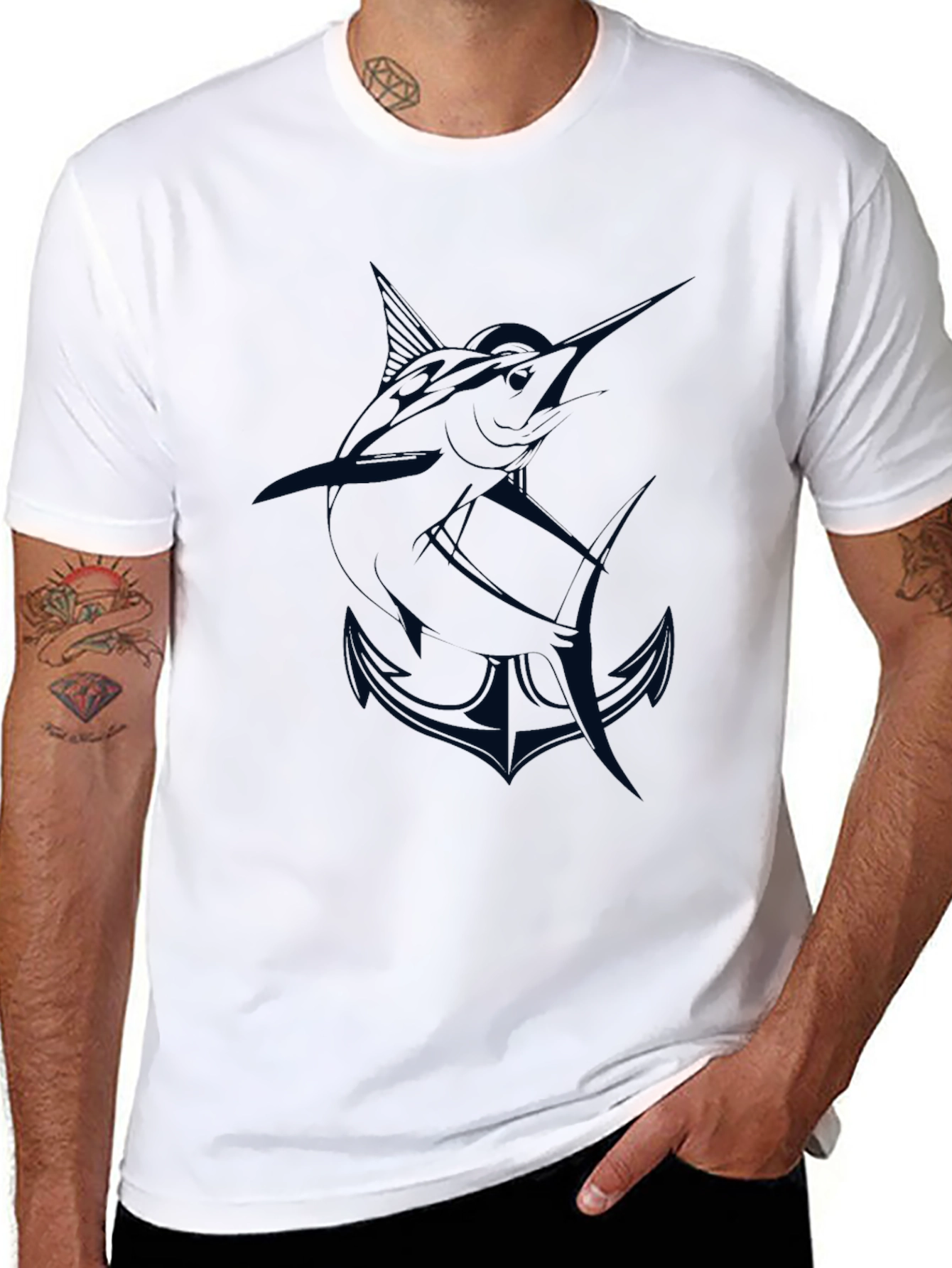Mens Black T-Shirt with Marlin and Anchor Graphic