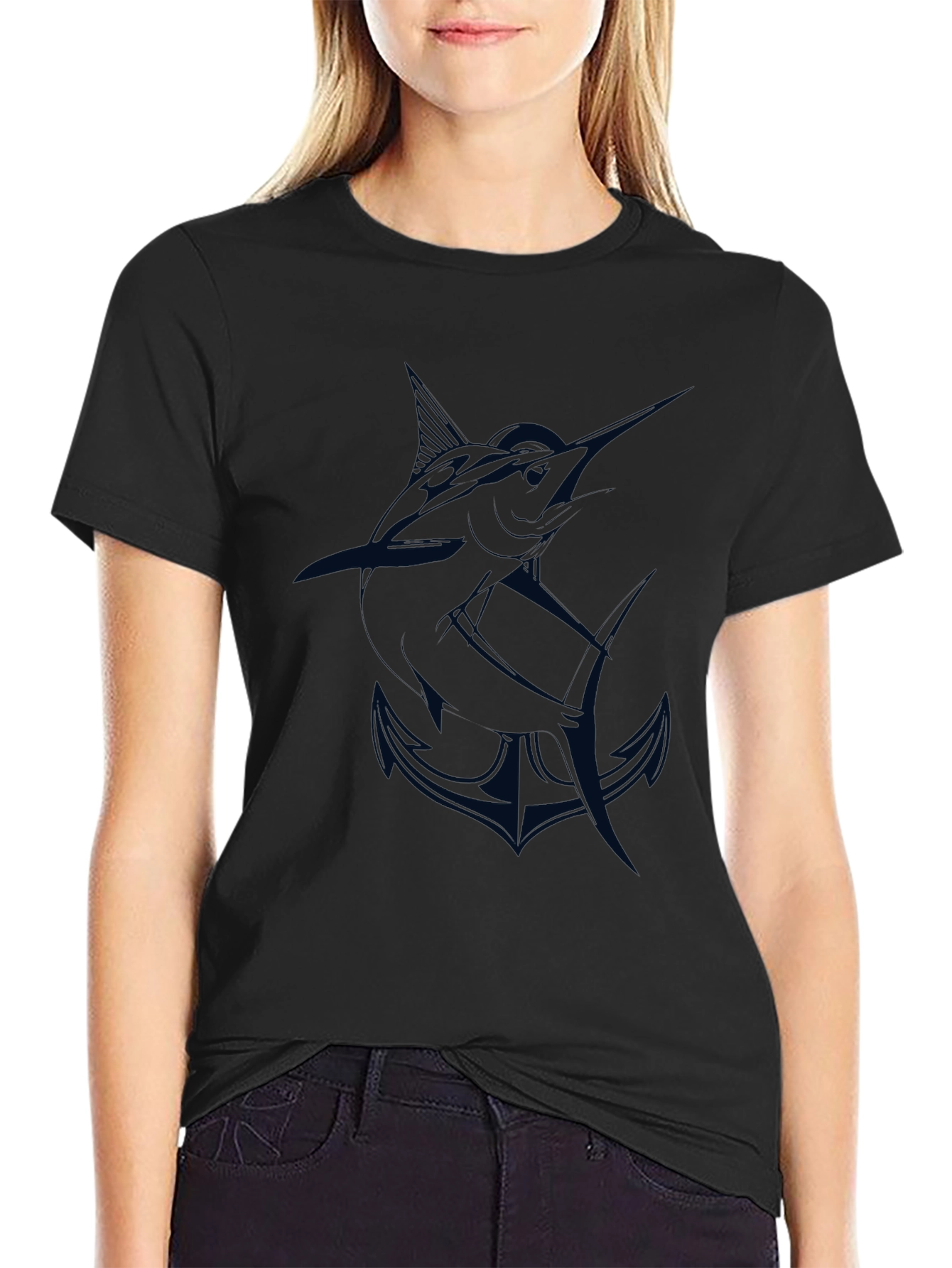 Mens Black T-Shirt with Marlin and Anchor Graphic