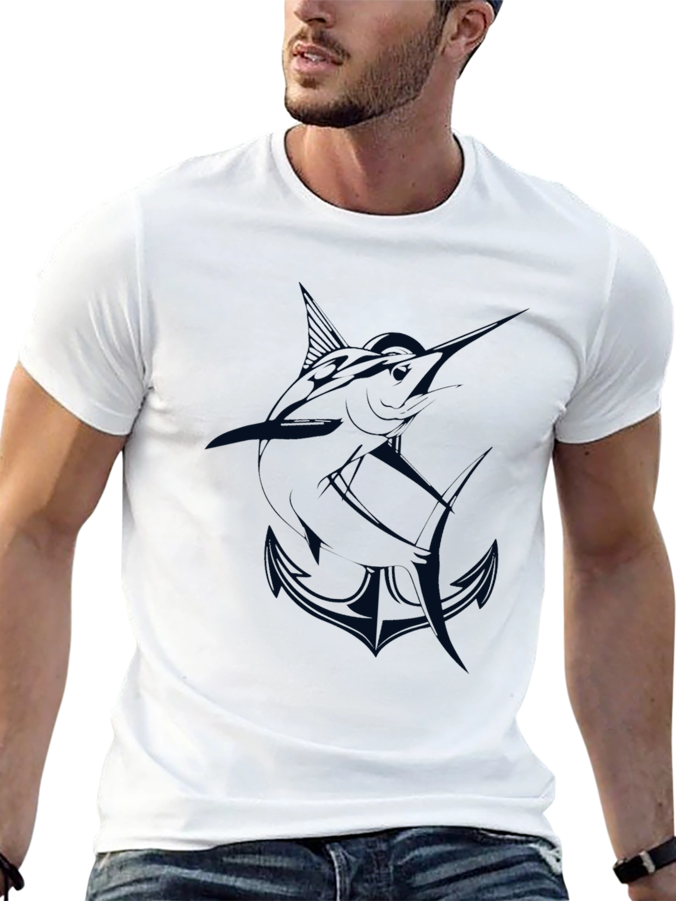 Mens Black T-Shirt with Marlin and Anchor Graphic
