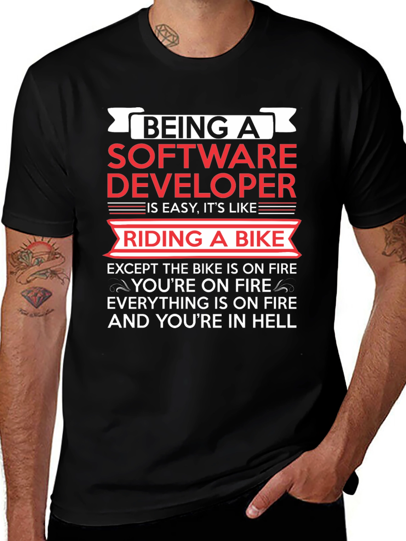 Software Developer Funny T-Shirt: Riding a Bike in Hell