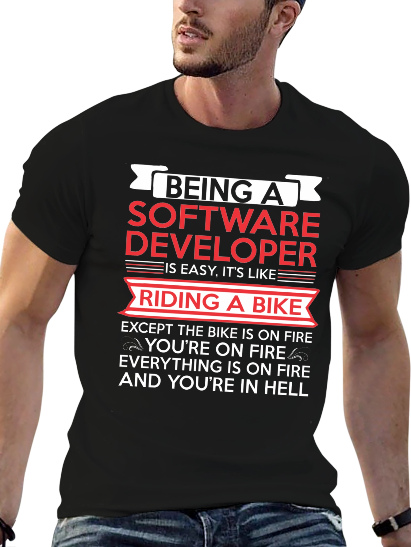 Software Developer Funny T-Shirt: Riding a Bike in Hell