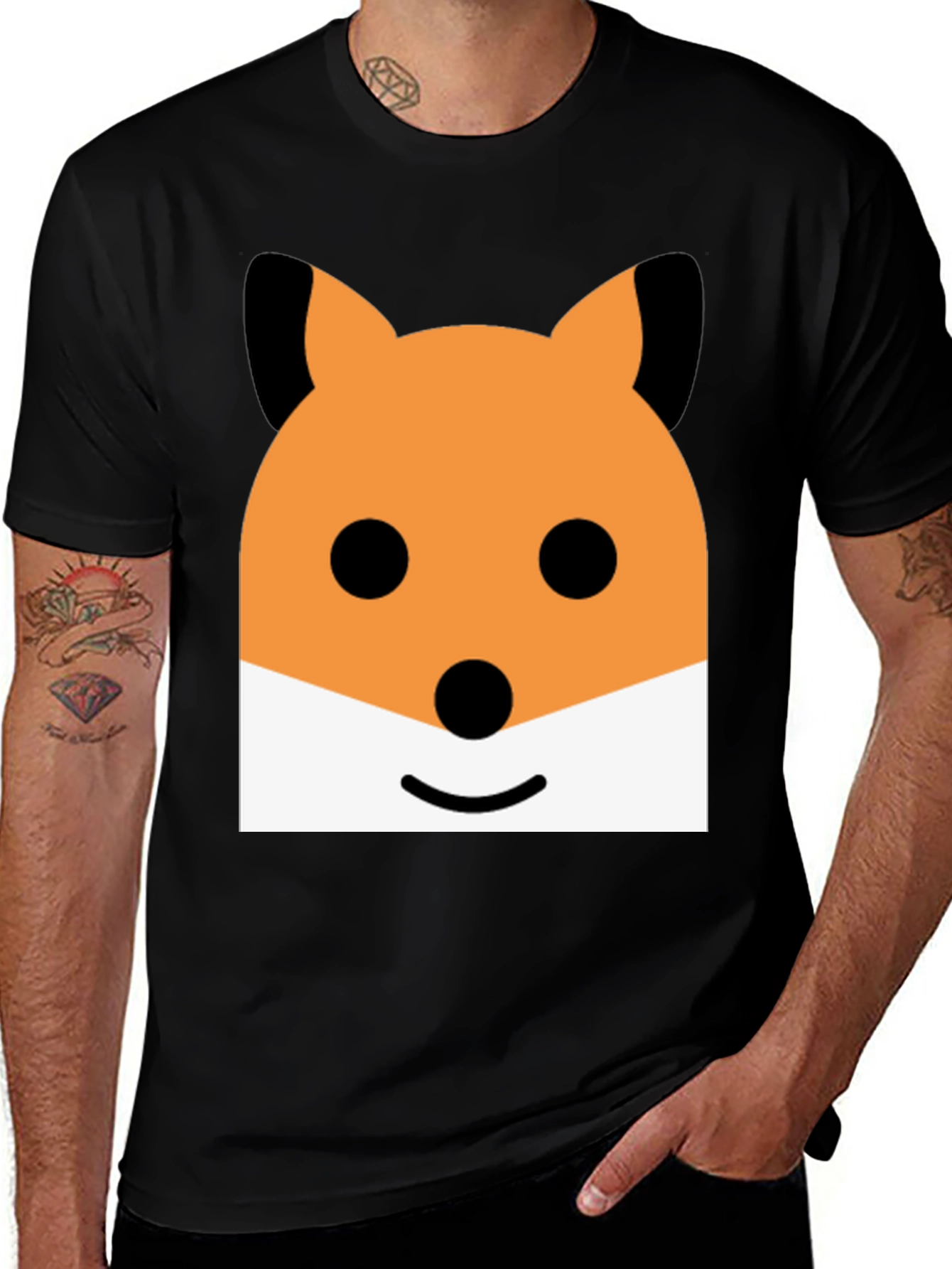 Cute Cartoon Fox Face Graphic Black T-Shirt