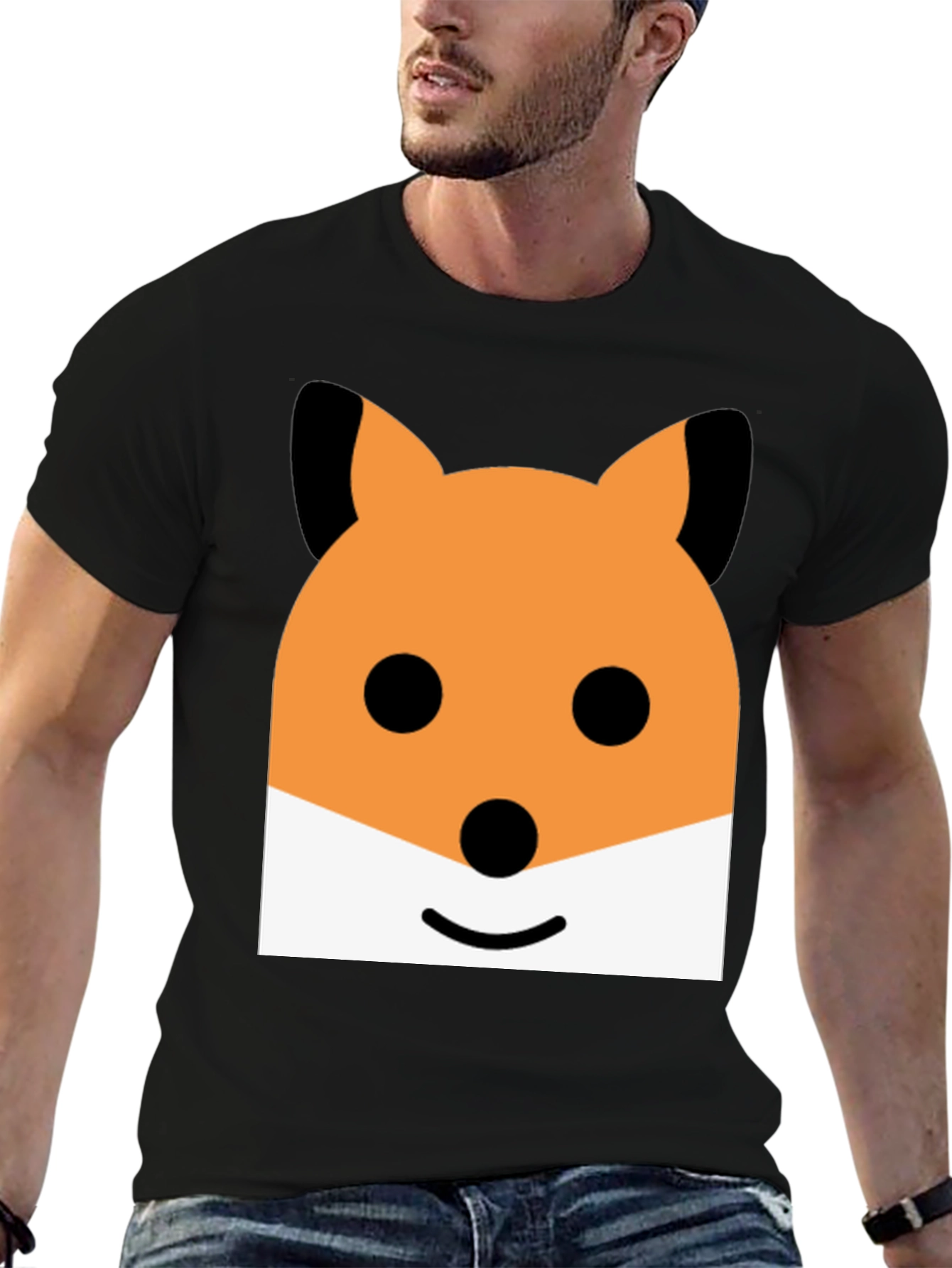 Cute Cartoon Fox Face Graphic Black T-Shirt