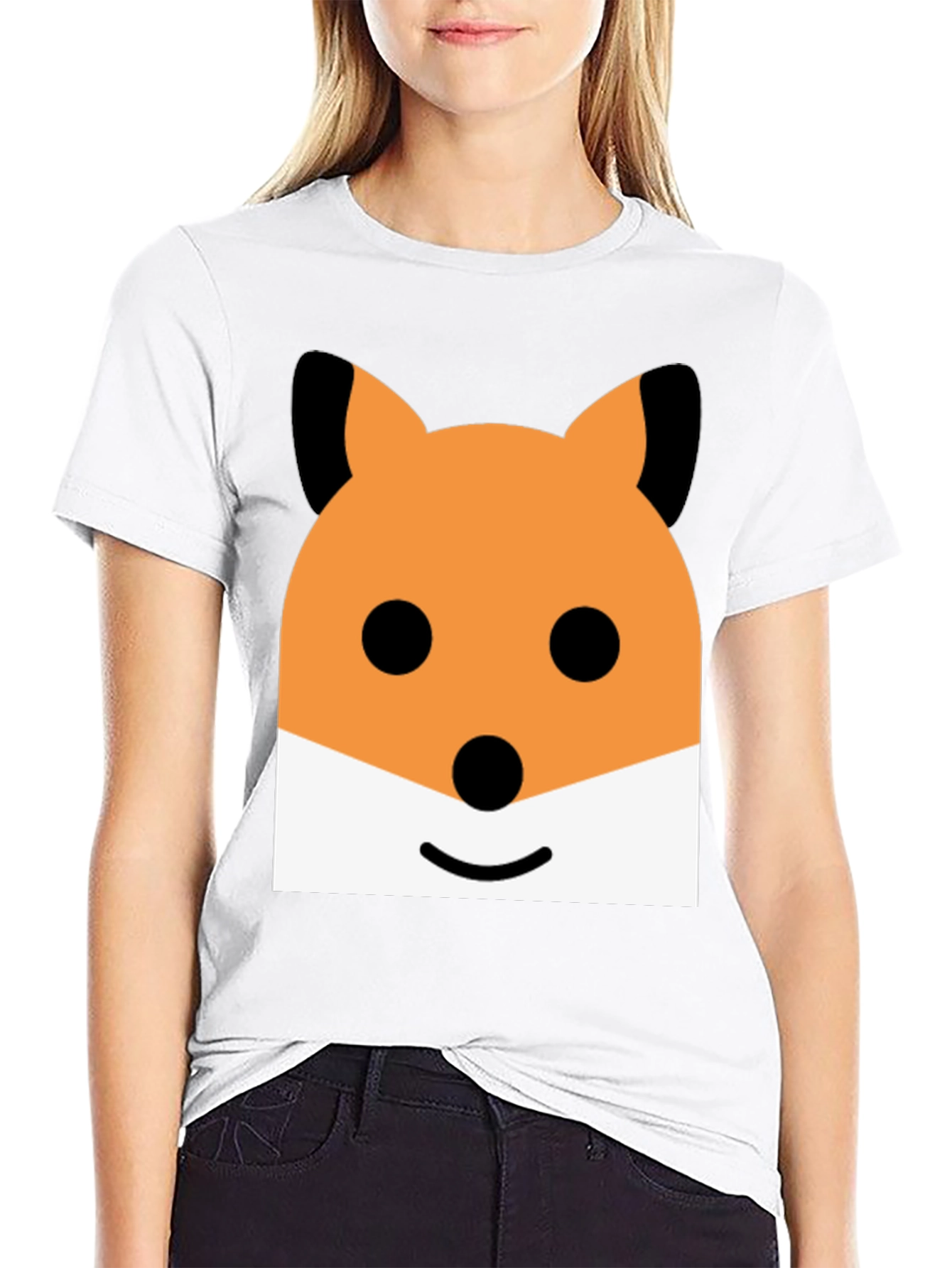 Cute Cartoon Fox Face Graphic Black T-Shirt