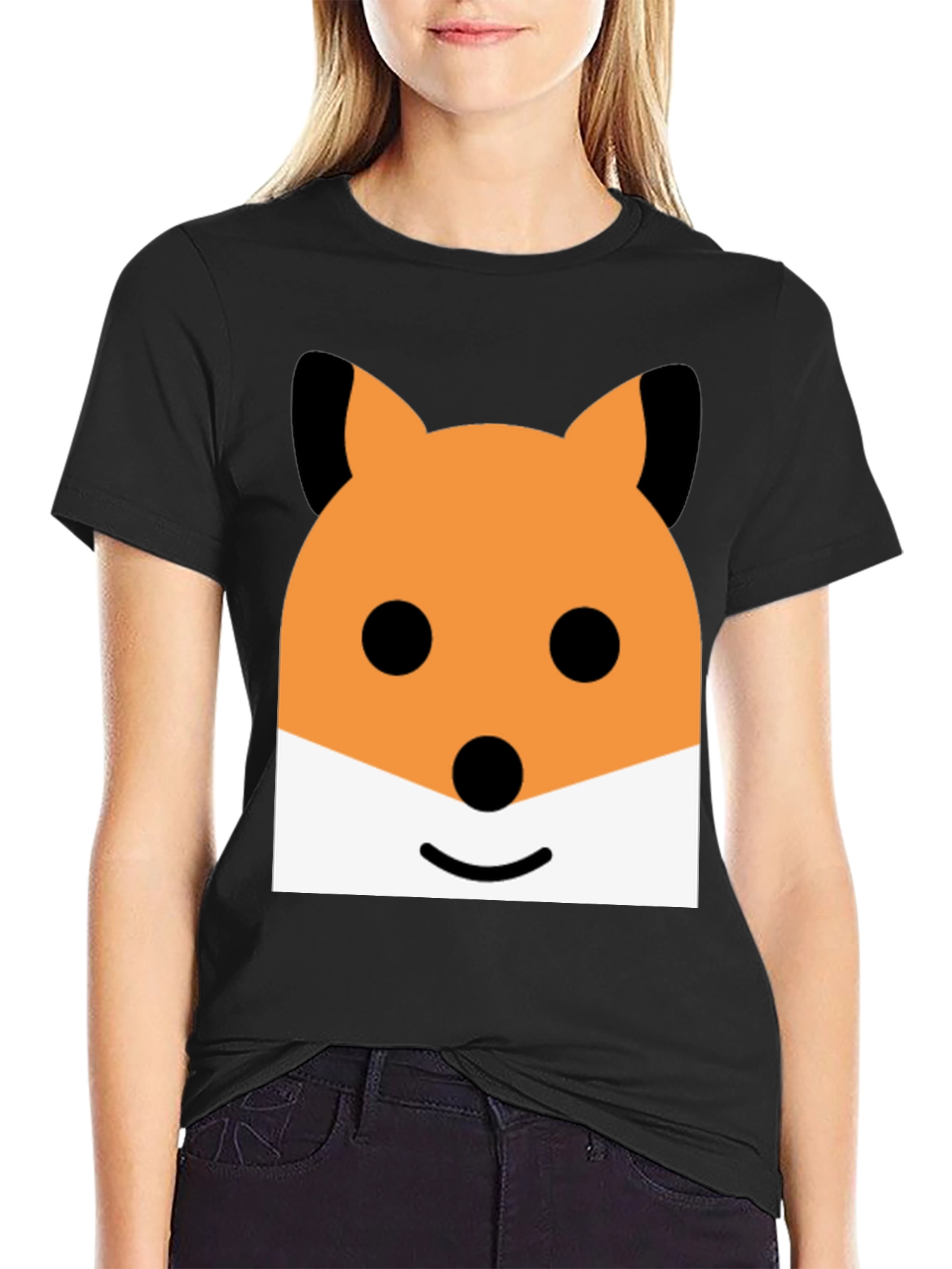 Cute Cartoon Fox Face Graphic Black T-Shirt