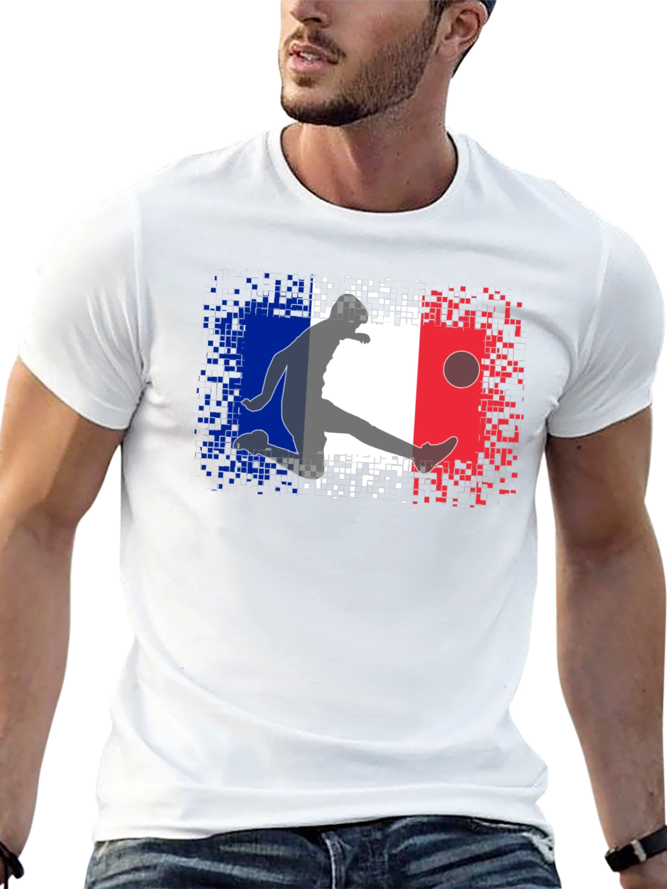 French Flag Soccer Player Black T-Shirt