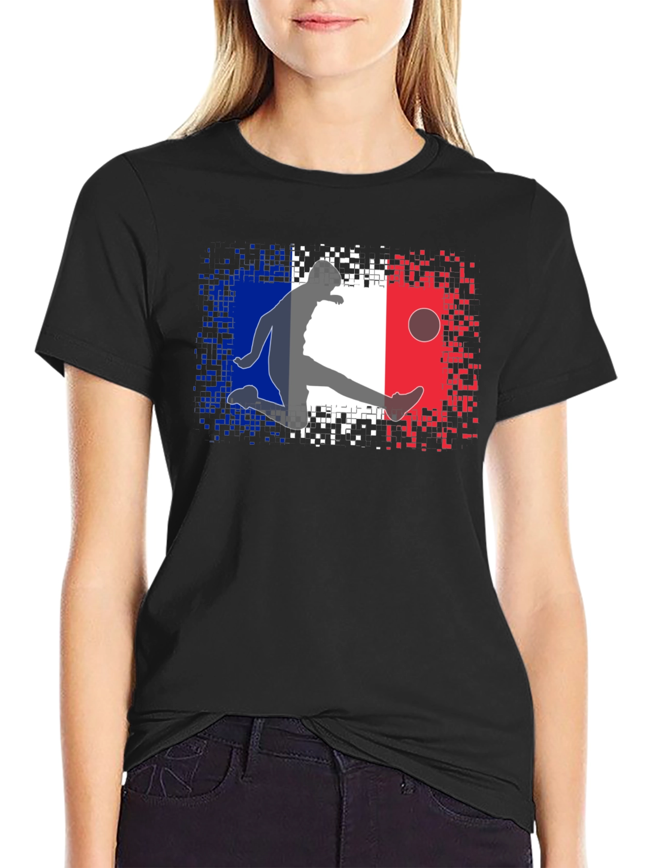 French Flag Soccer Player Black T-Shirt