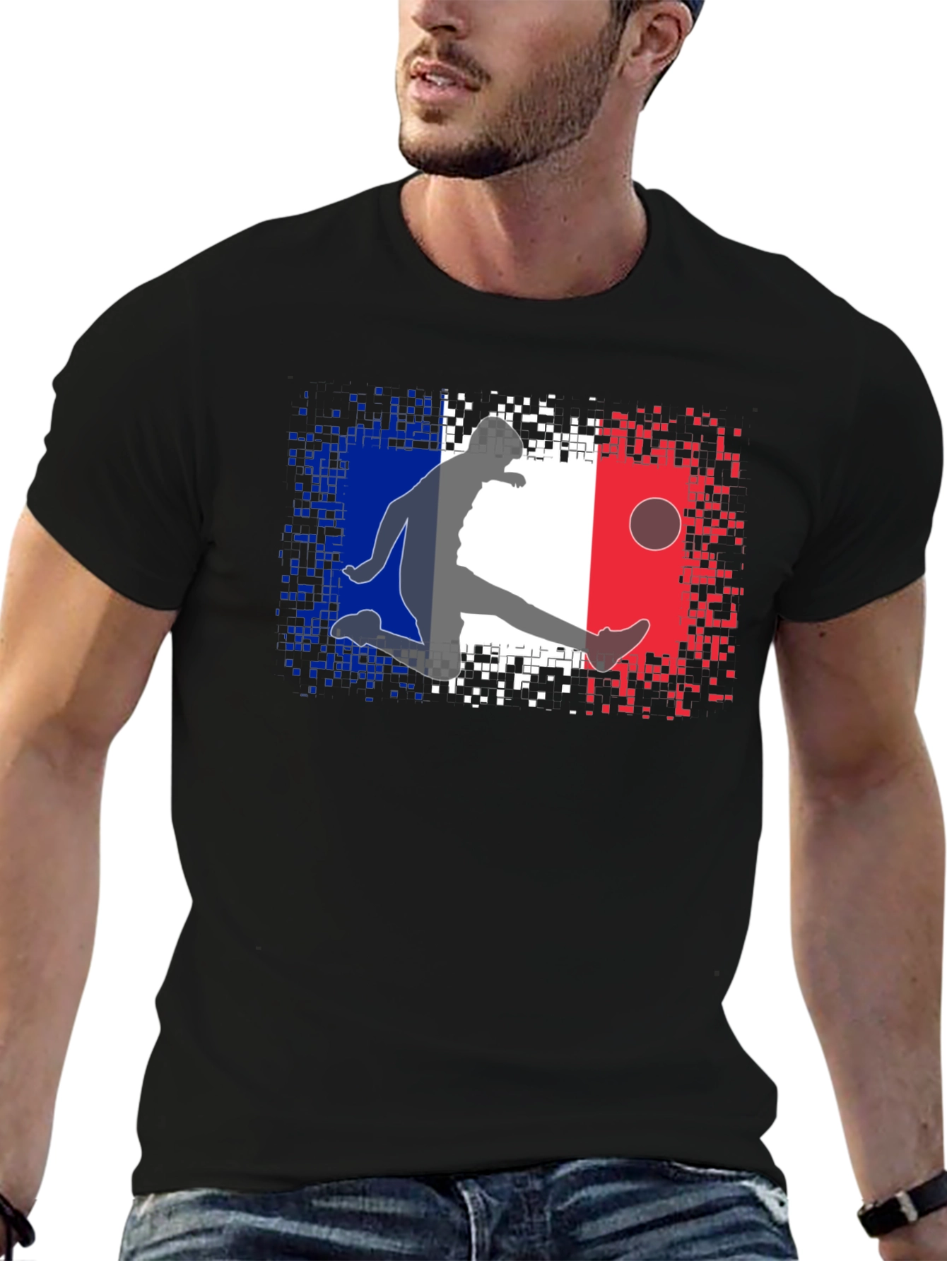 French Flag Soccer Player Black T-Shirt
