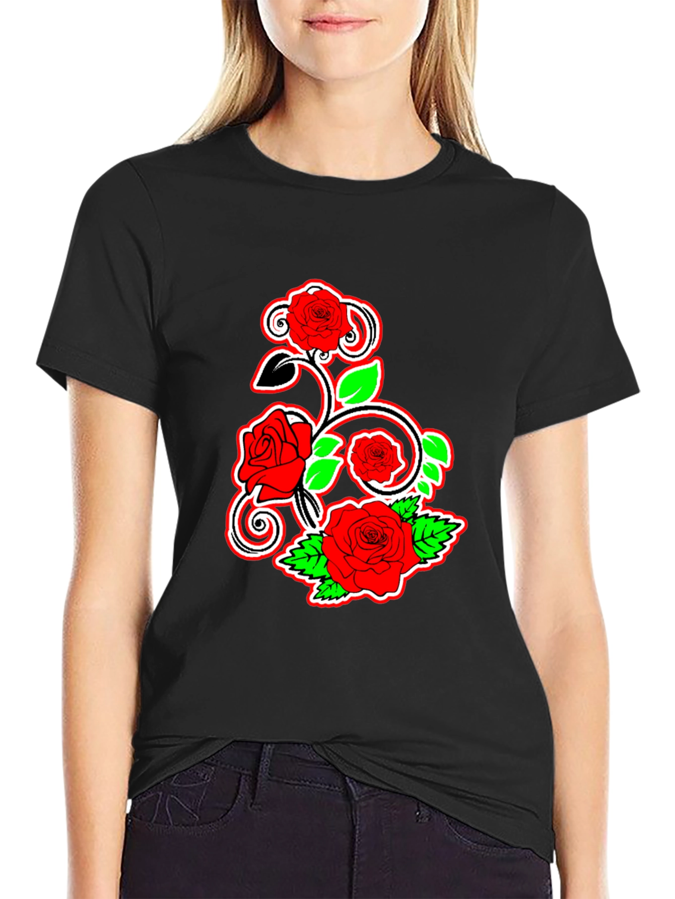 Floral Rose Graphic Tee - Black