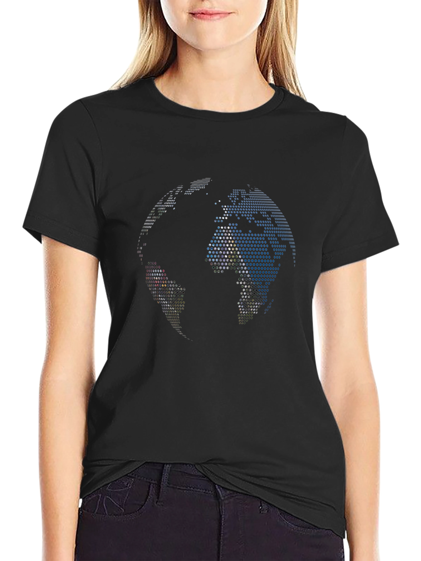 Pixel Globe Graphic Tee - Black Cotton Blend Shirt