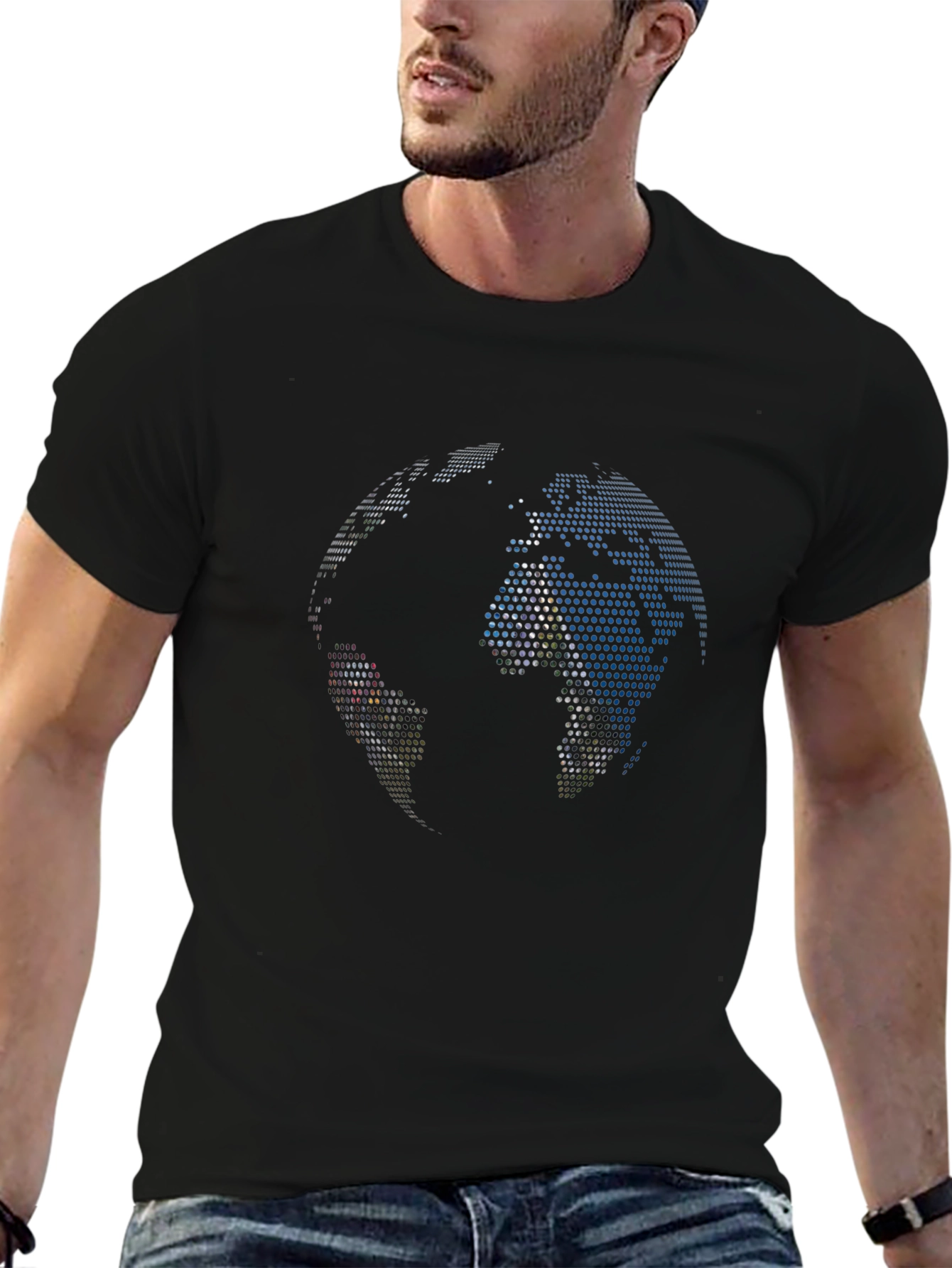 Pixel Globe Graphic Tee - Black Cotton Blend Shirt