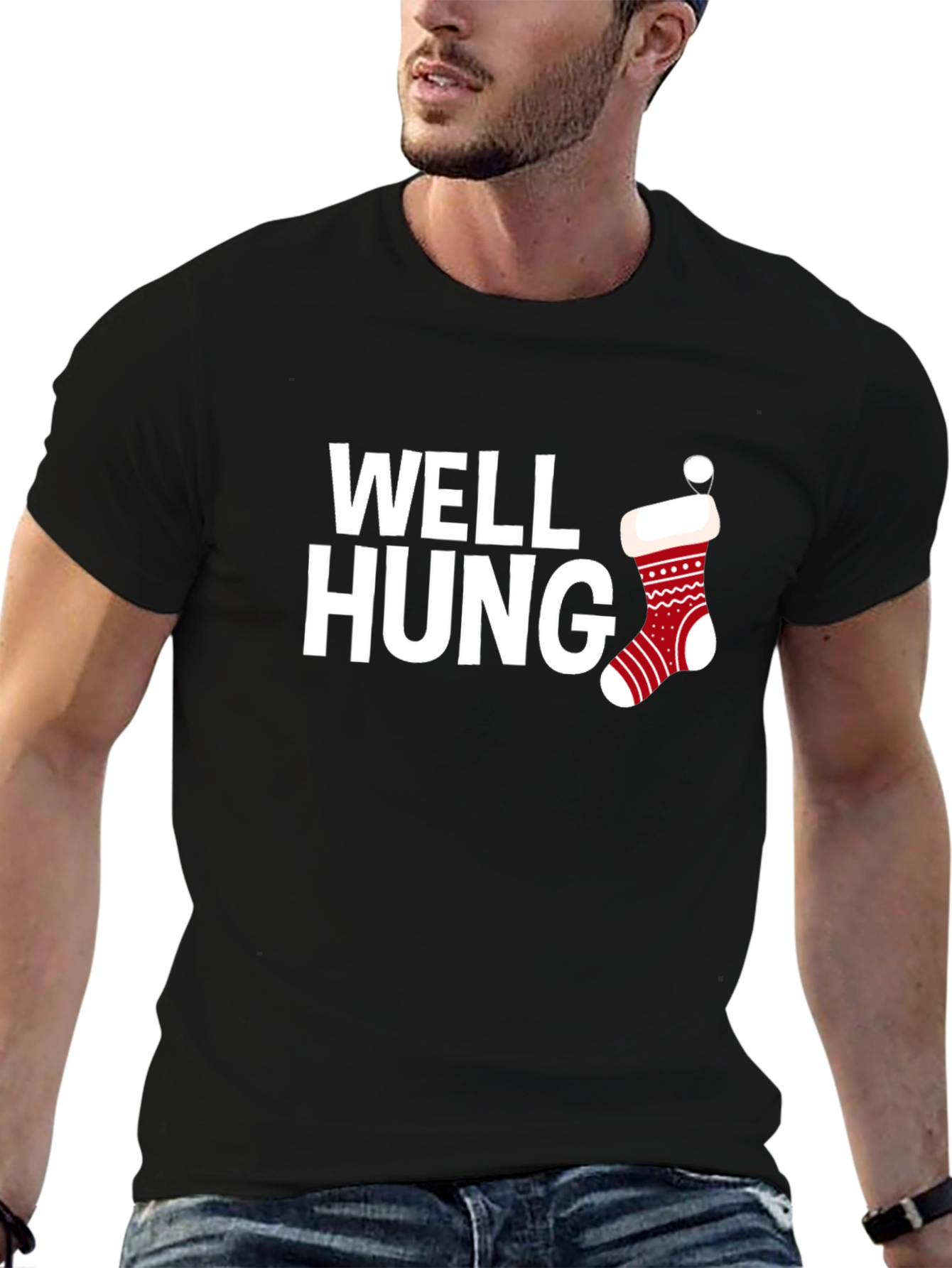Well Hung Christmas Stocking Black T-Shirt