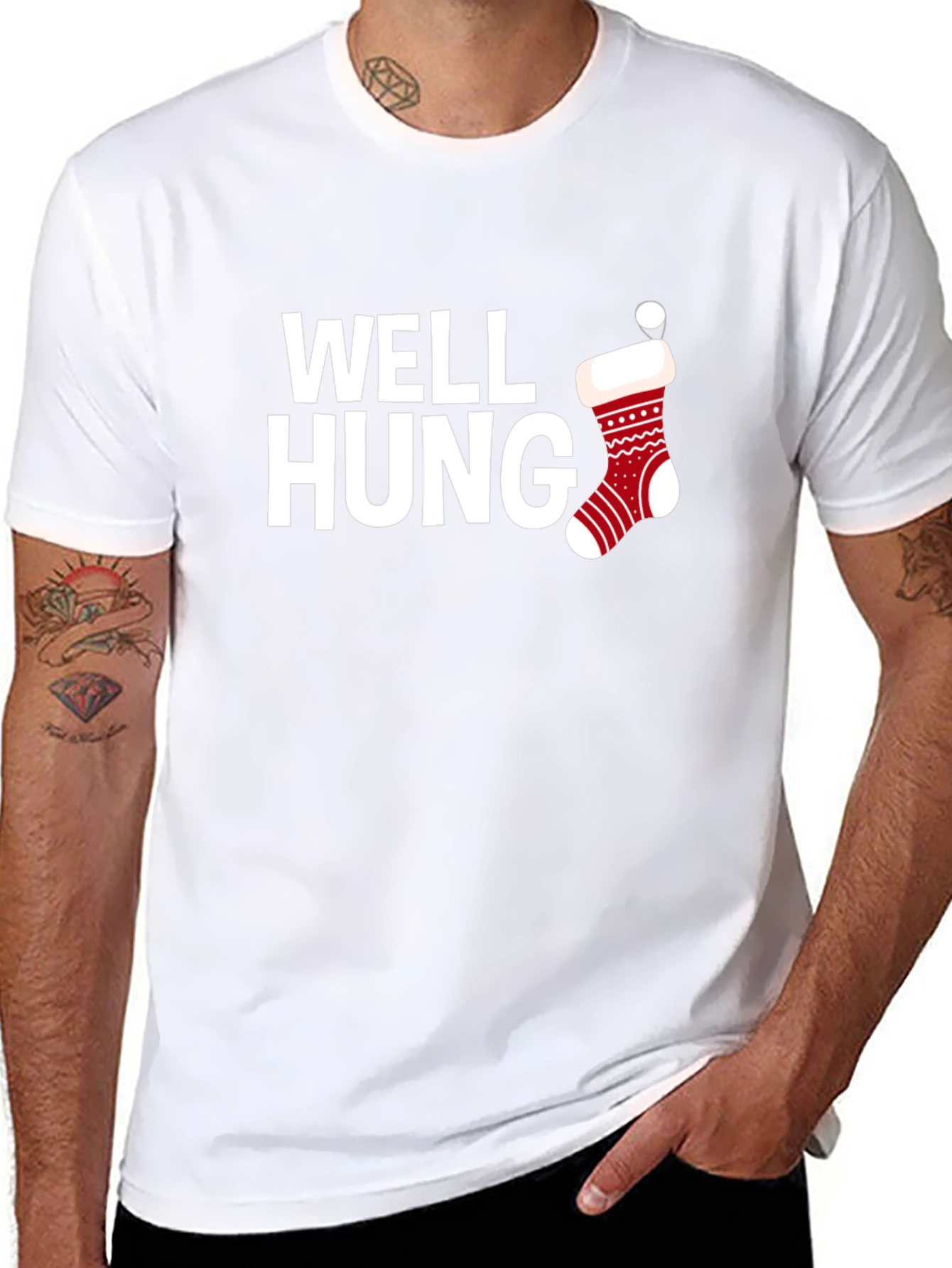 Well Hung Christmas Stocking Black T-Shirt