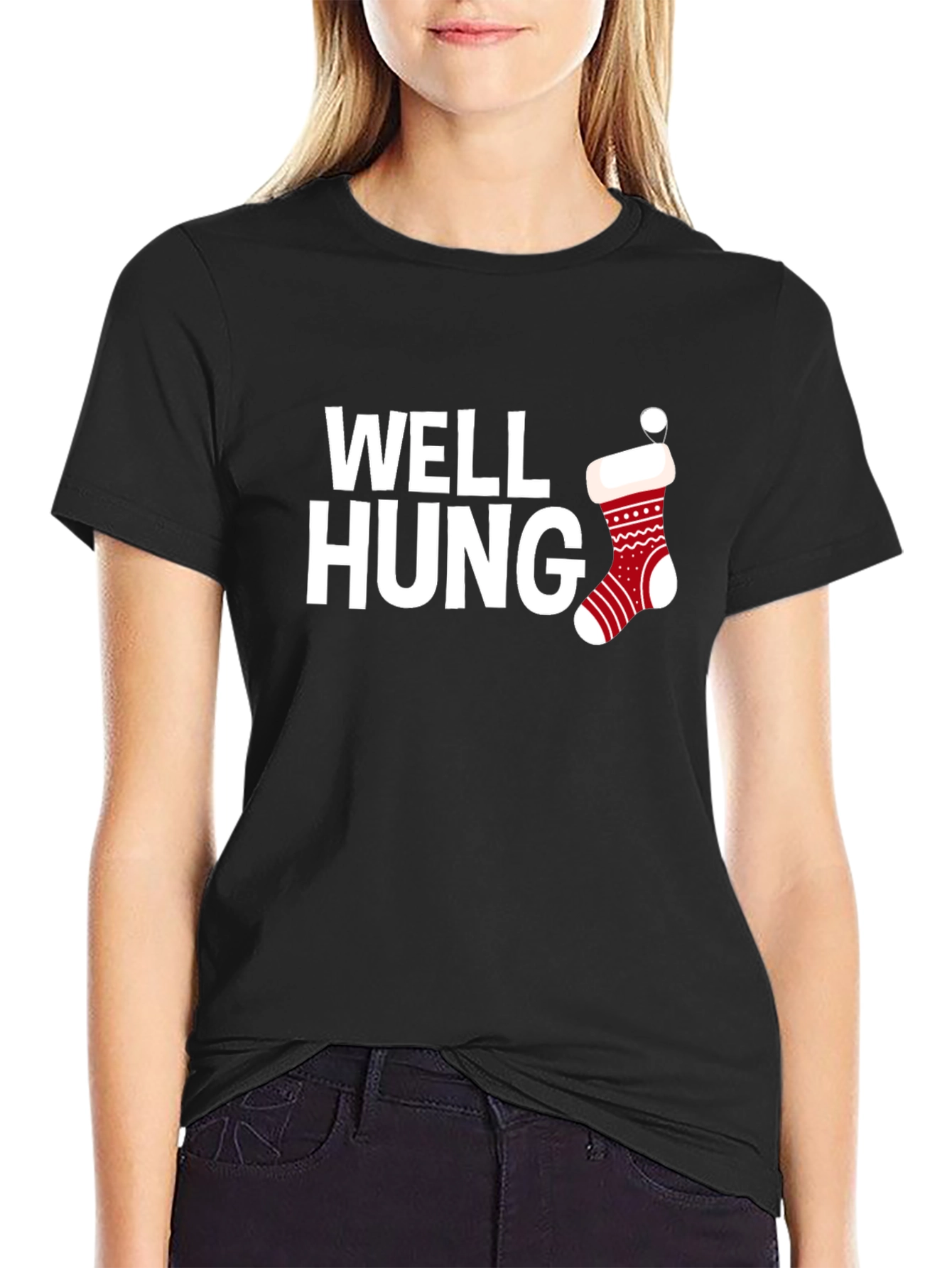 Well Hung Christmas Stocking Black T-Shirt