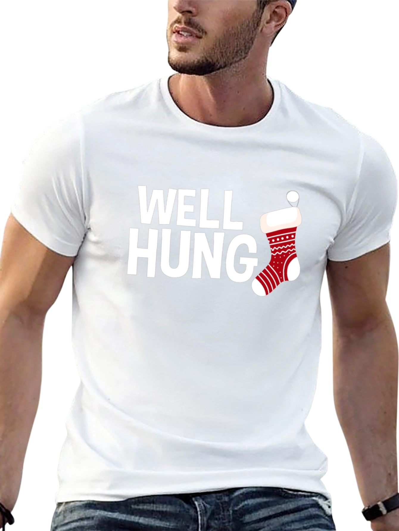 Well Hung Christmas Stocking Black T-Shirt