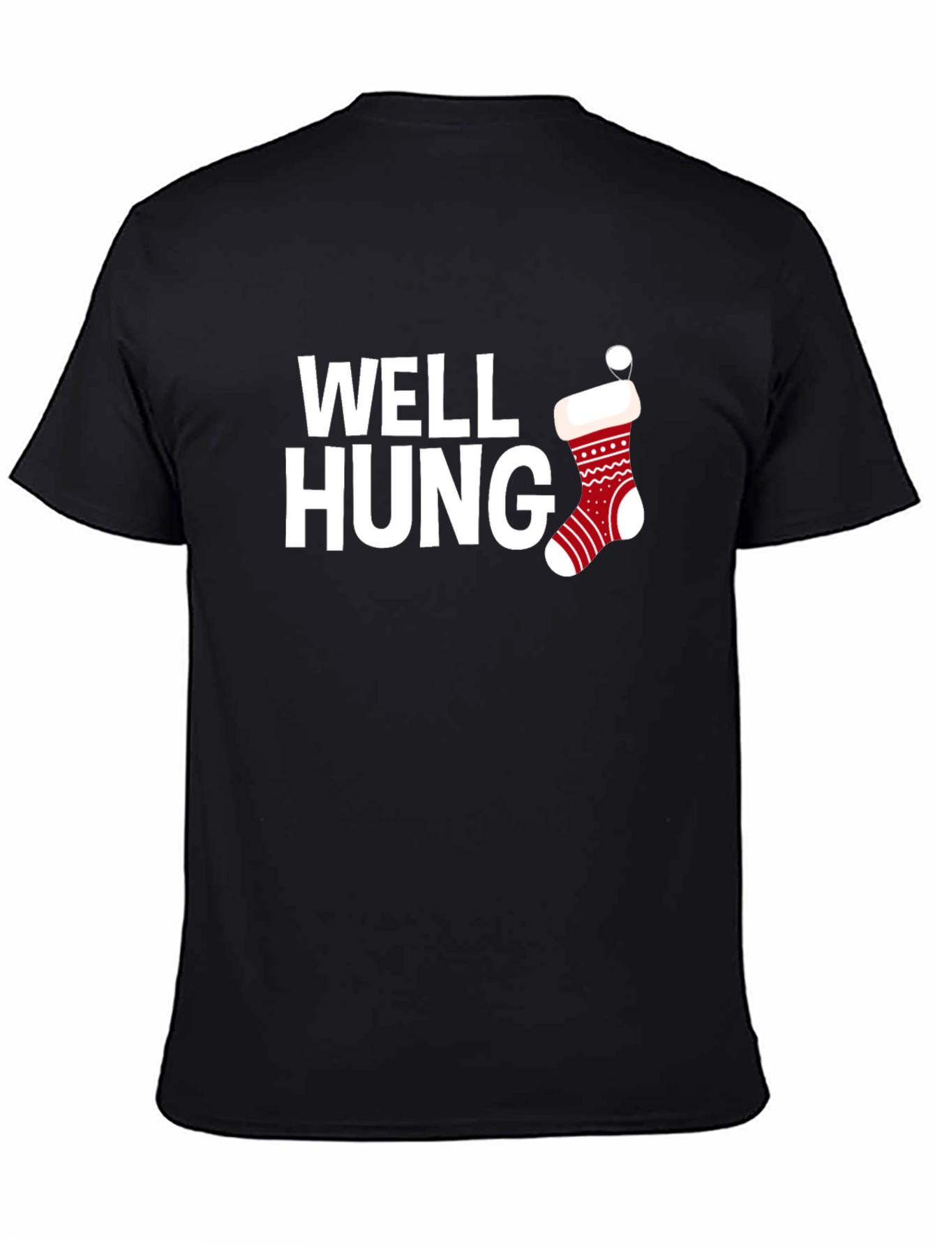 Well Hung Christmas Stocking Black T-Shirt