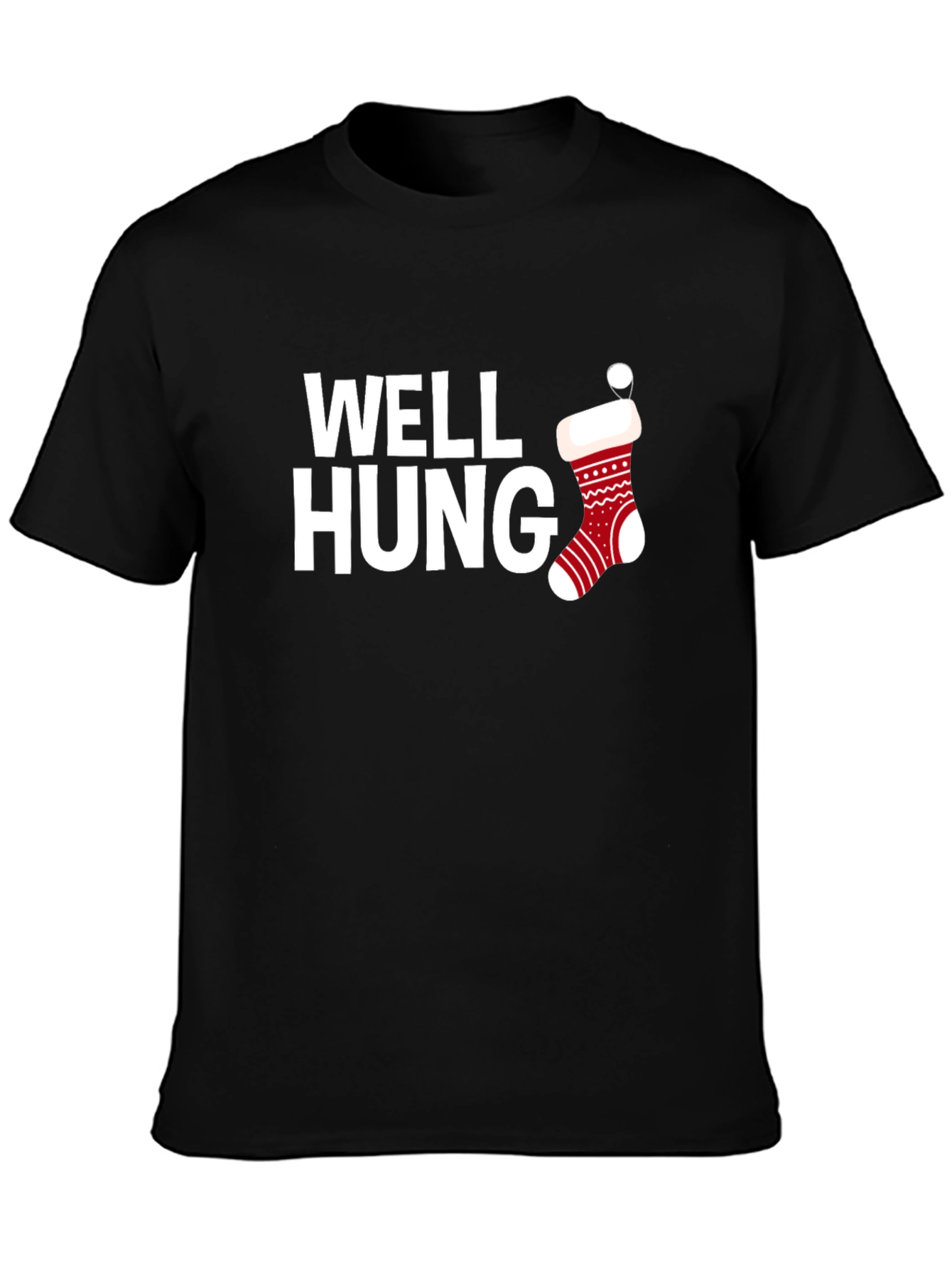 Well Hung Christmas Stocking Black T-Shirt