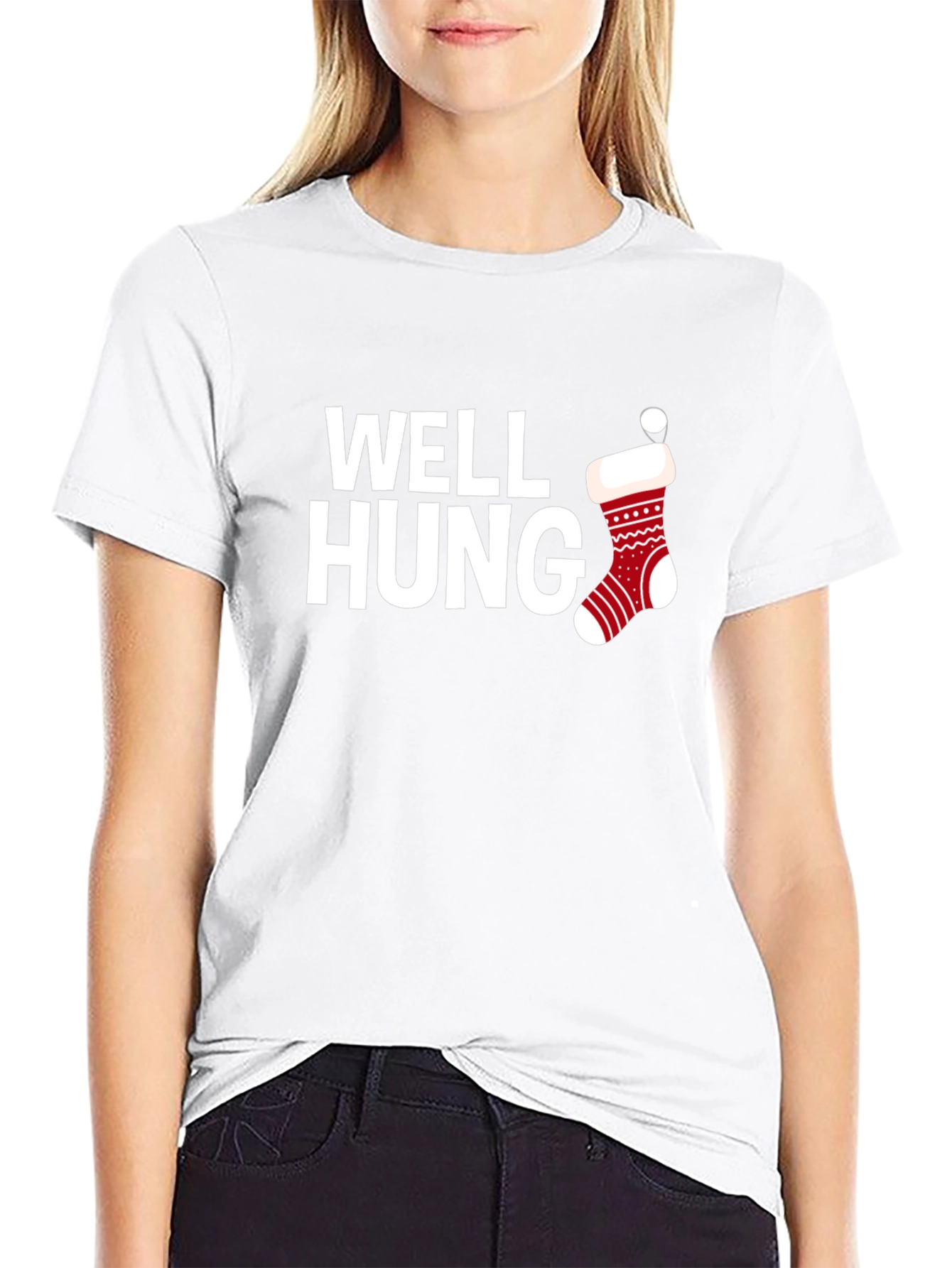 Well Hung Christmas Stocking Black T-Shirt