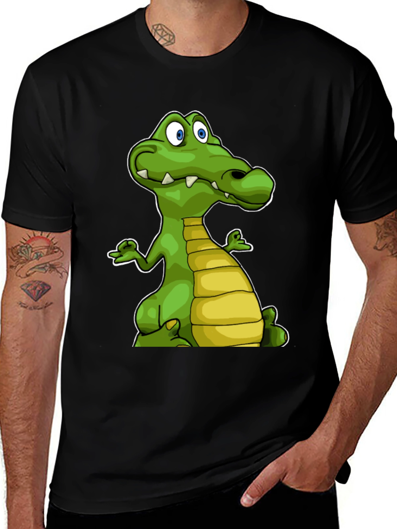 Cartoon Crocodile Graphic Tee - Black Cotton T-Shirt