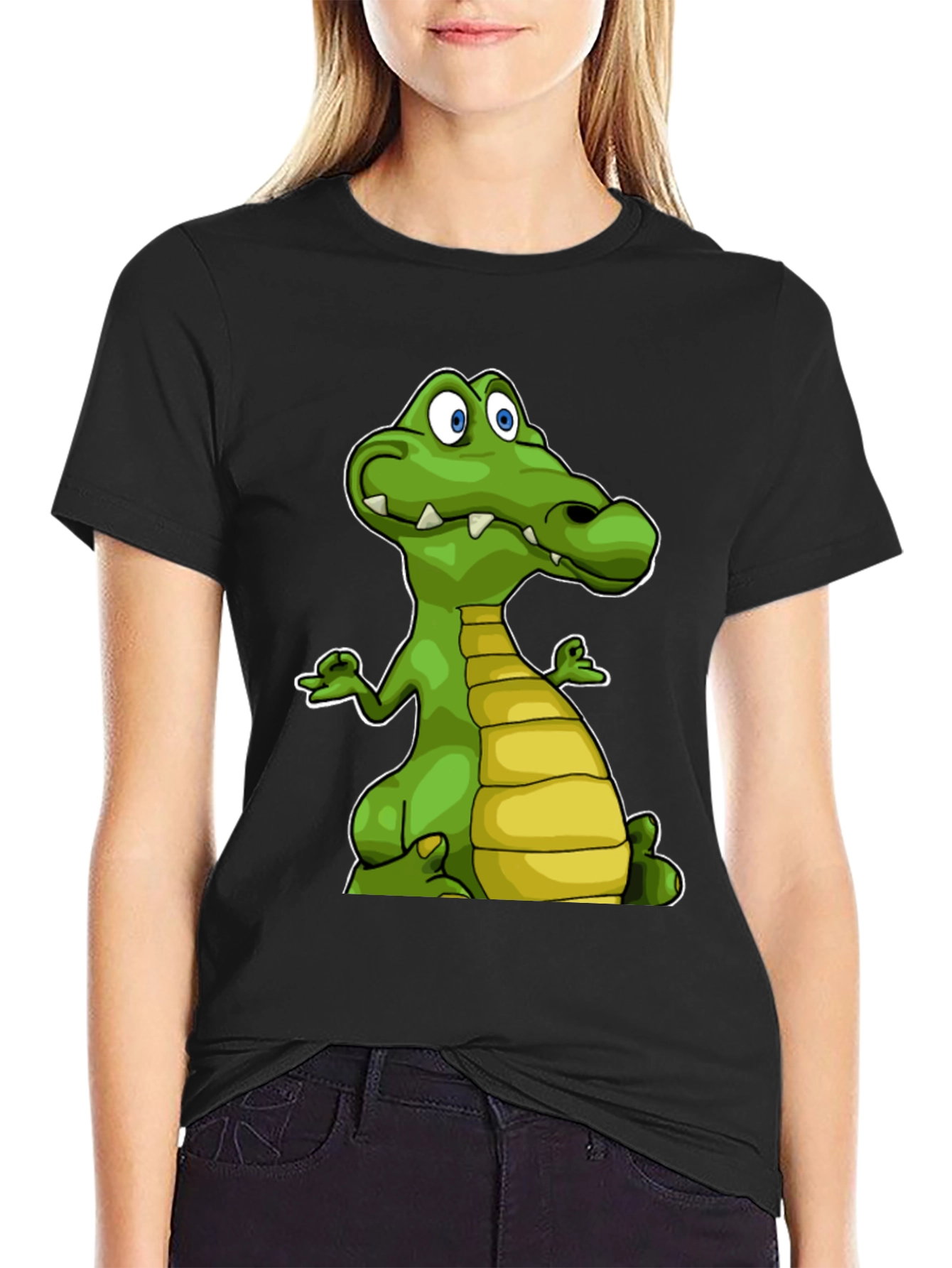 Cartoon Crocodile Graphic Tee - Black Cotton T-Shirt