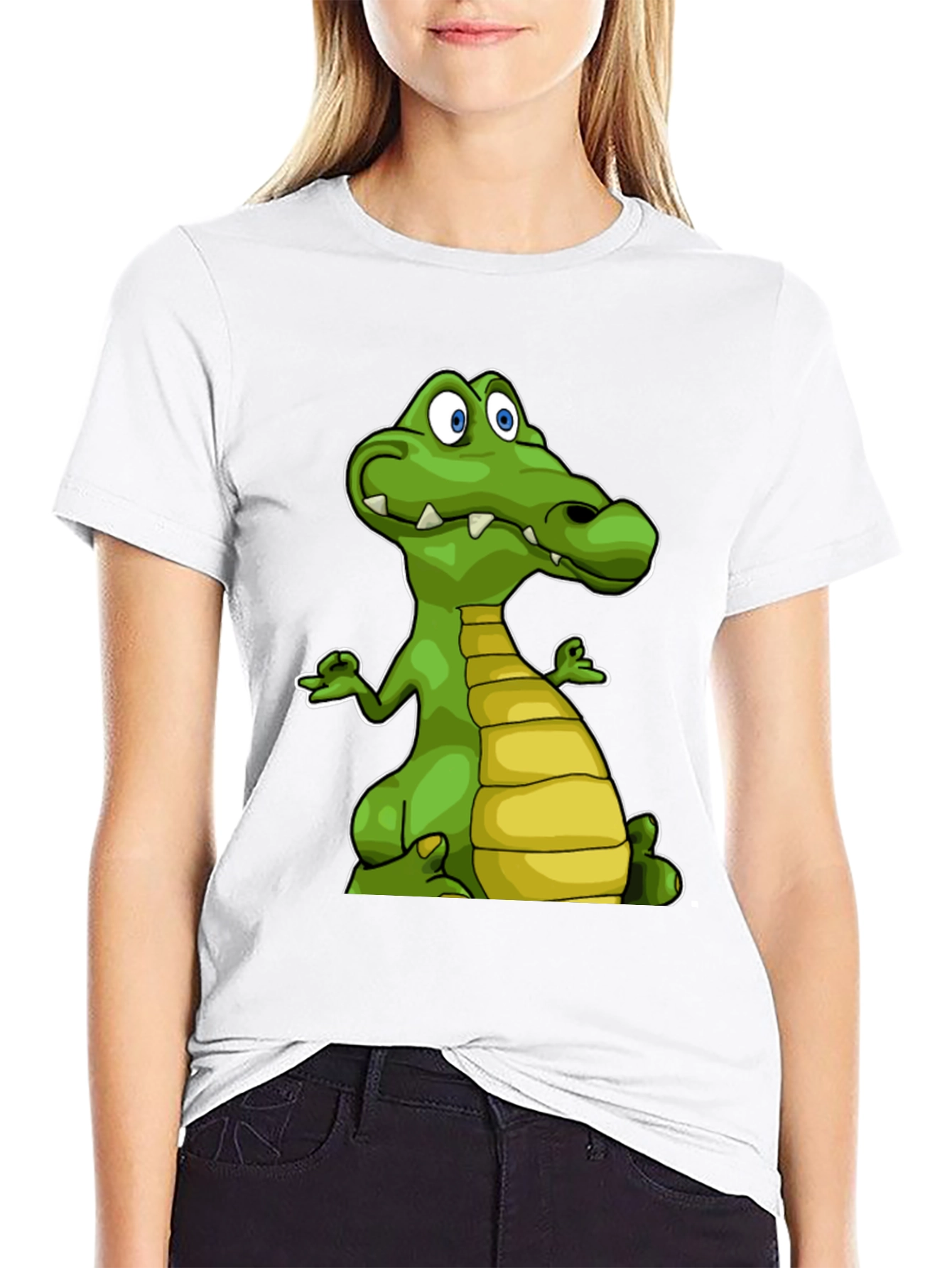 Cartoon Crocodile Graphic Tee - Black Cotton T-Shirt