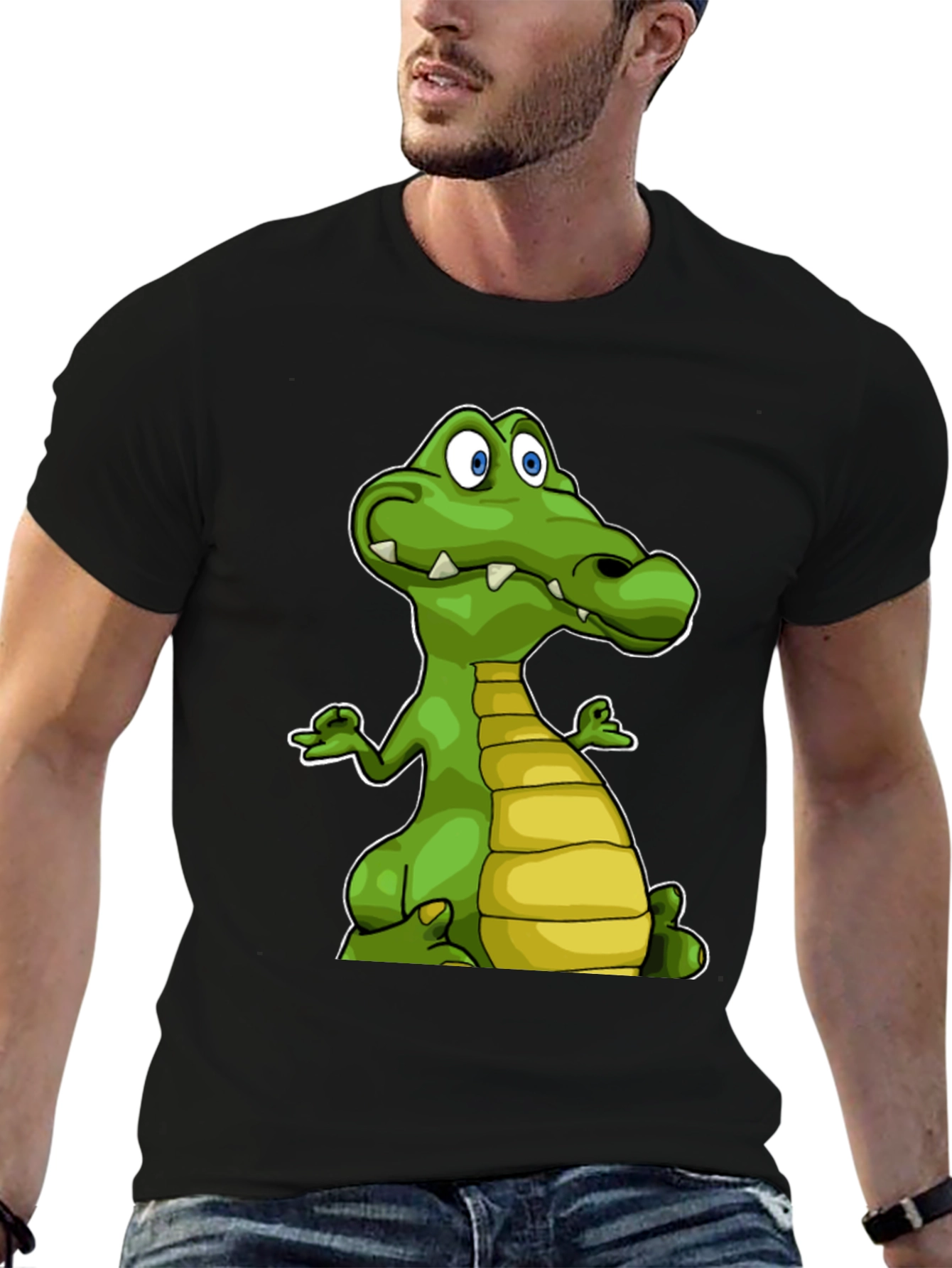 Cartoon Crocodile Graphic Tee - Black Cotton T-Shirt
