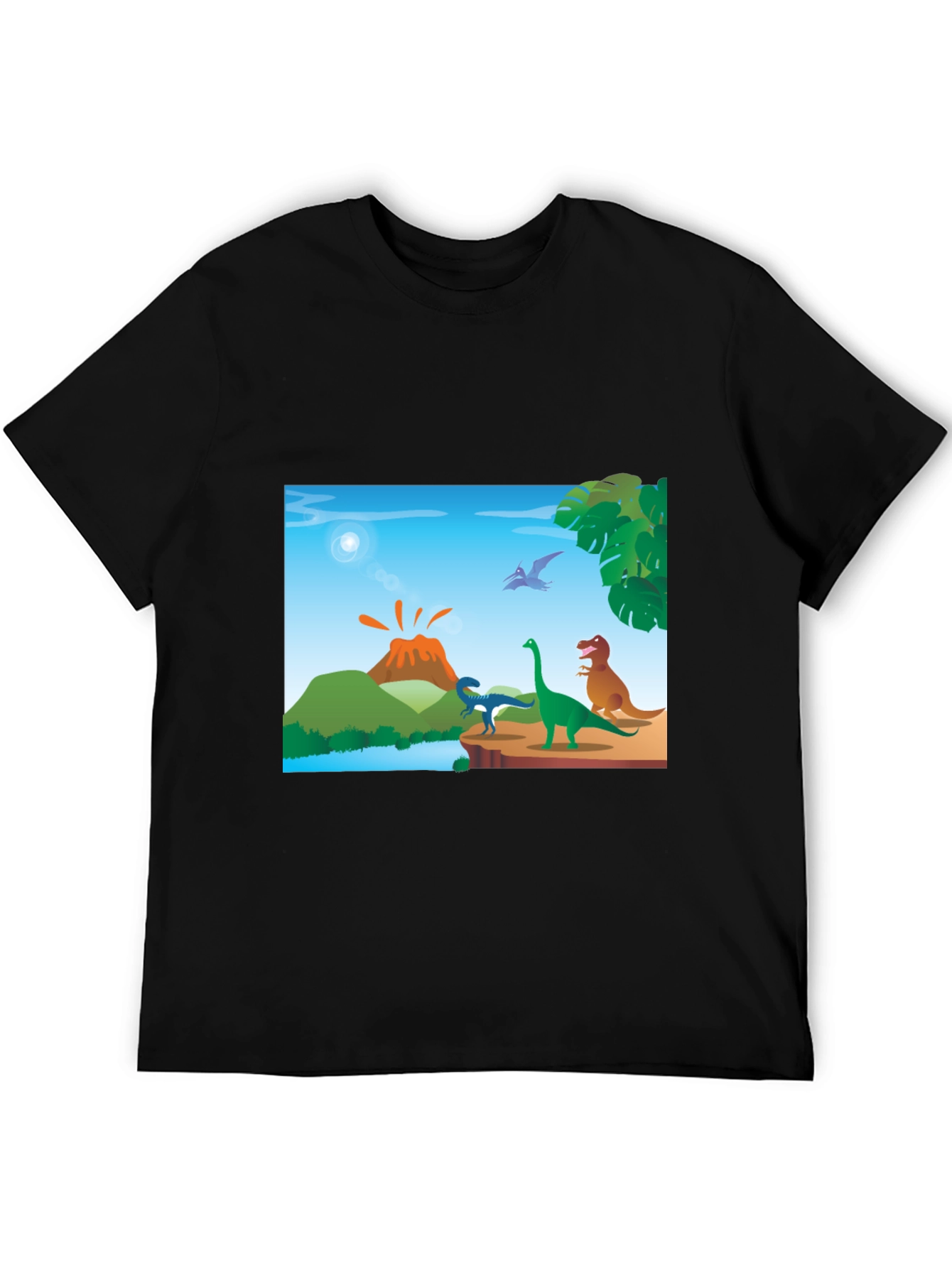 Cartoon Dinosaur Scene Black T-Shirt