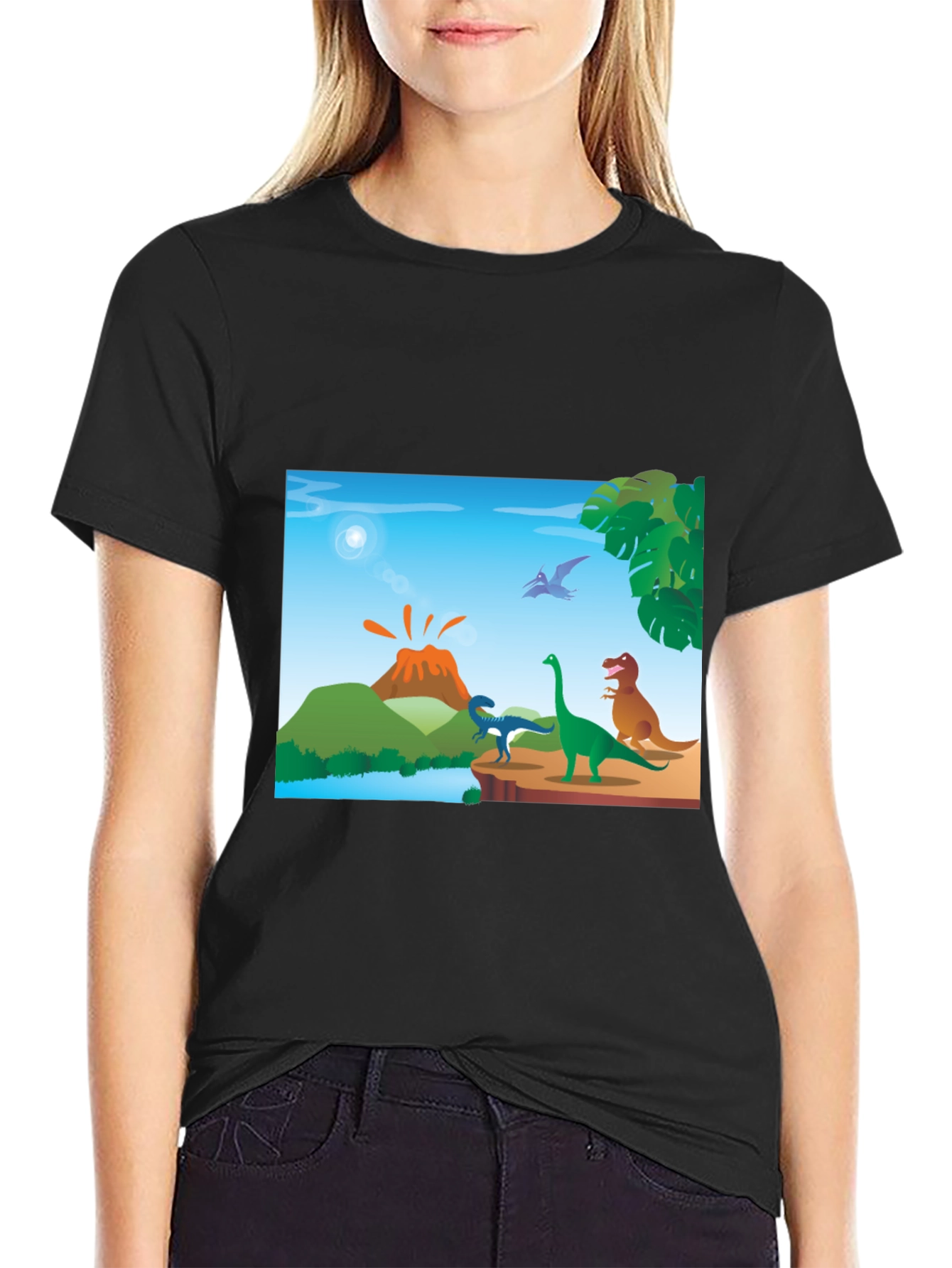 Cartoon Dinosaur Scene Black T-Shirt