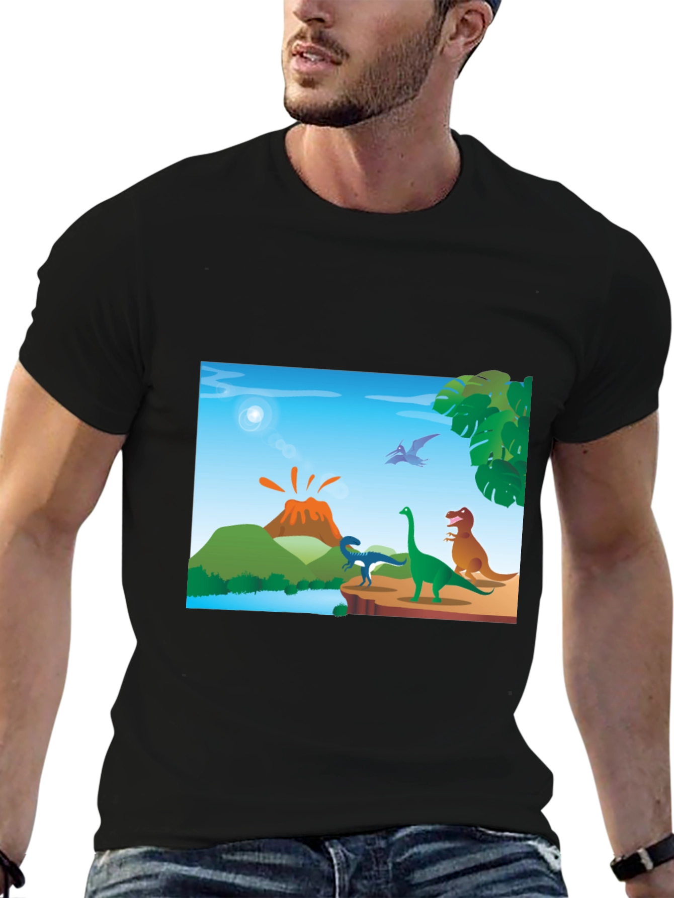 Cartoon Dinosaur Scene Black T-Shirt