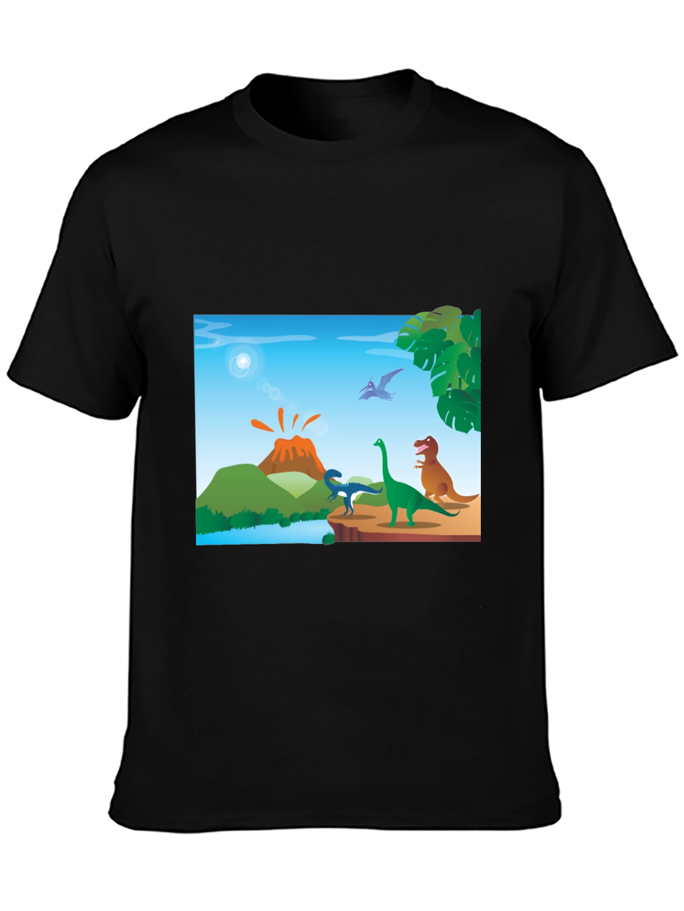 Cartoon Dinosaur Scene Black T-Shirt