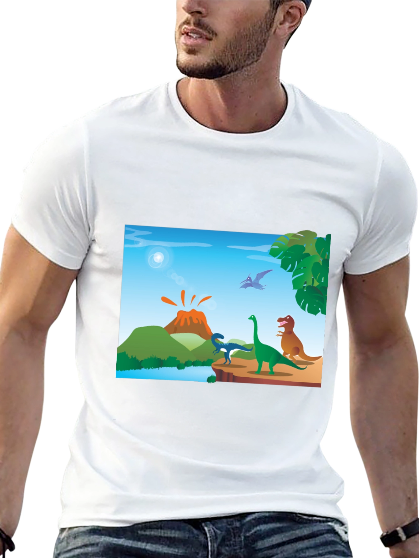 Cartoon Dinosaur Scene Black T-Shirt