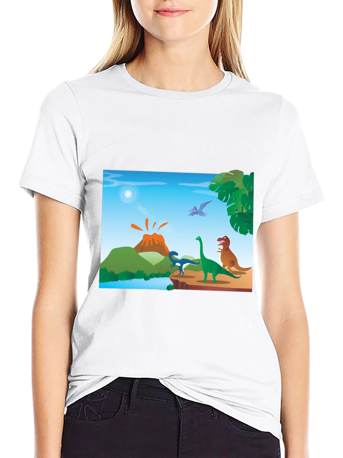 Cartoon Dinosaur Scene Black T-Shirt