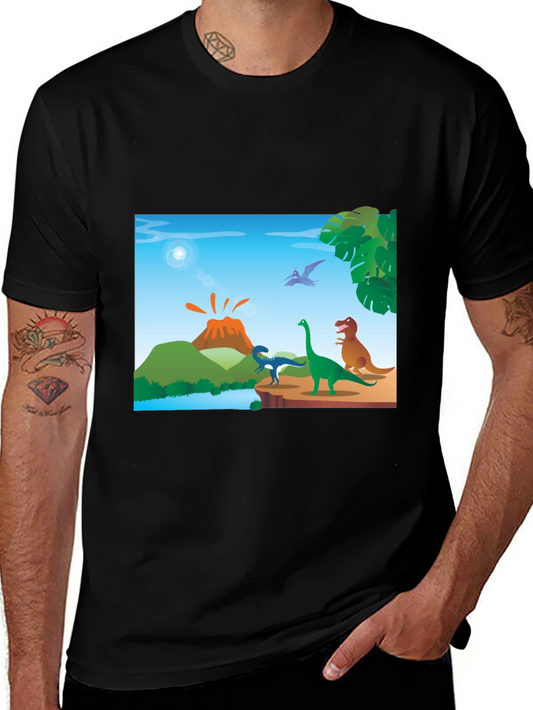 Cartoon Dinosaur Scene Black T-Shirt