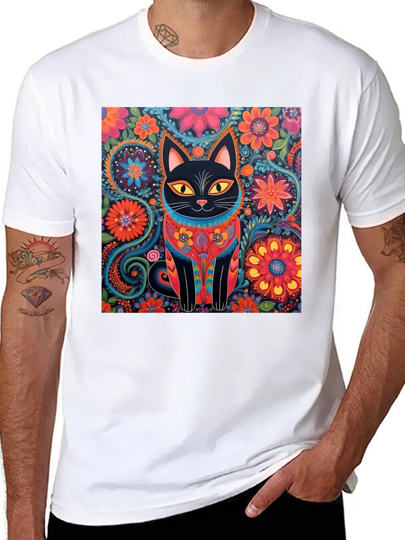 Floral Cat Graphic Tee - Unique Design T-Shirt