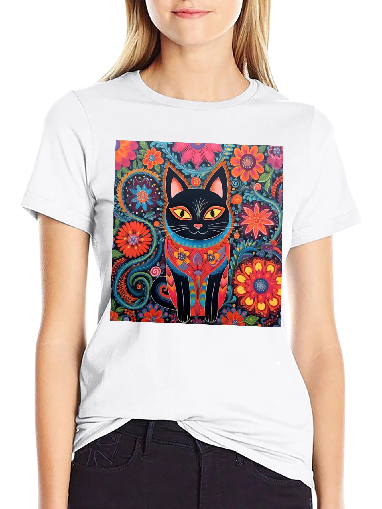 Floral Cat Graphic Tee - Unique Design T-Shirt