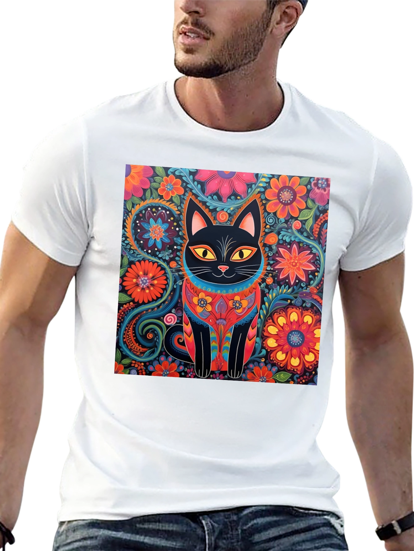 Floral Cat Graphic Tee - Unique Design T-Shirt