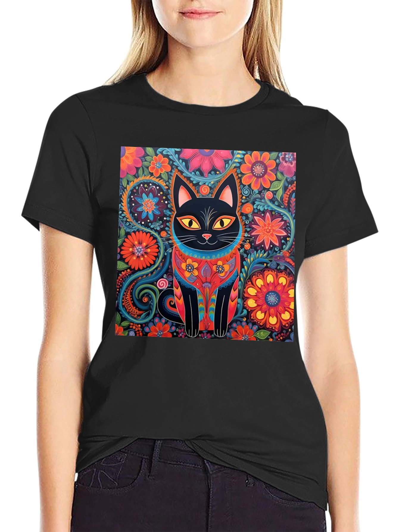 Floral Cat Graphic Tee - Unique Design T-Shirt