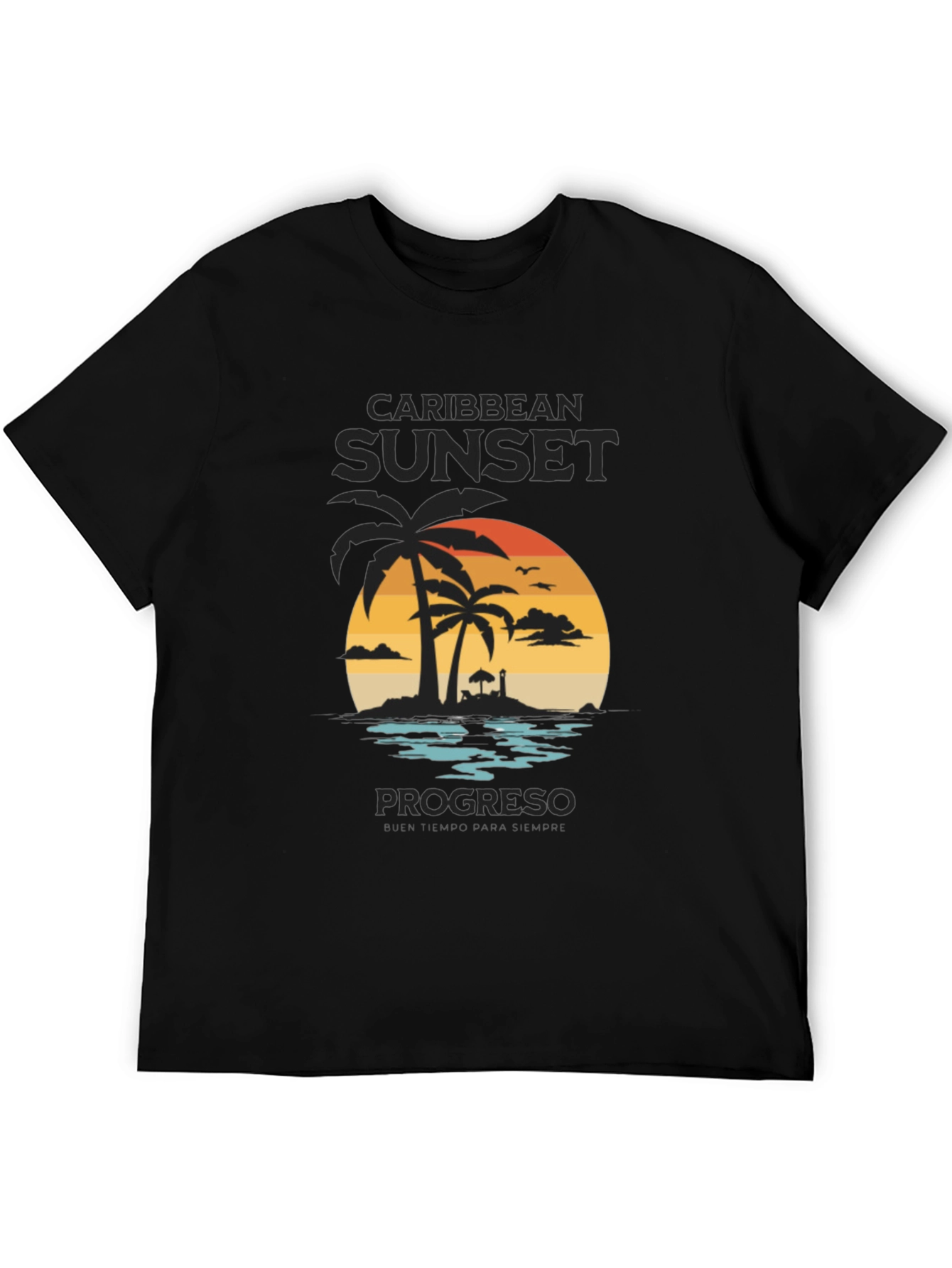 Caribbean Sunset Mens Black Graphic T-Shirt