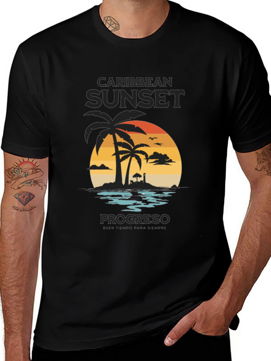 Caribbean Sunset Mens Black Graphic T-Shirt