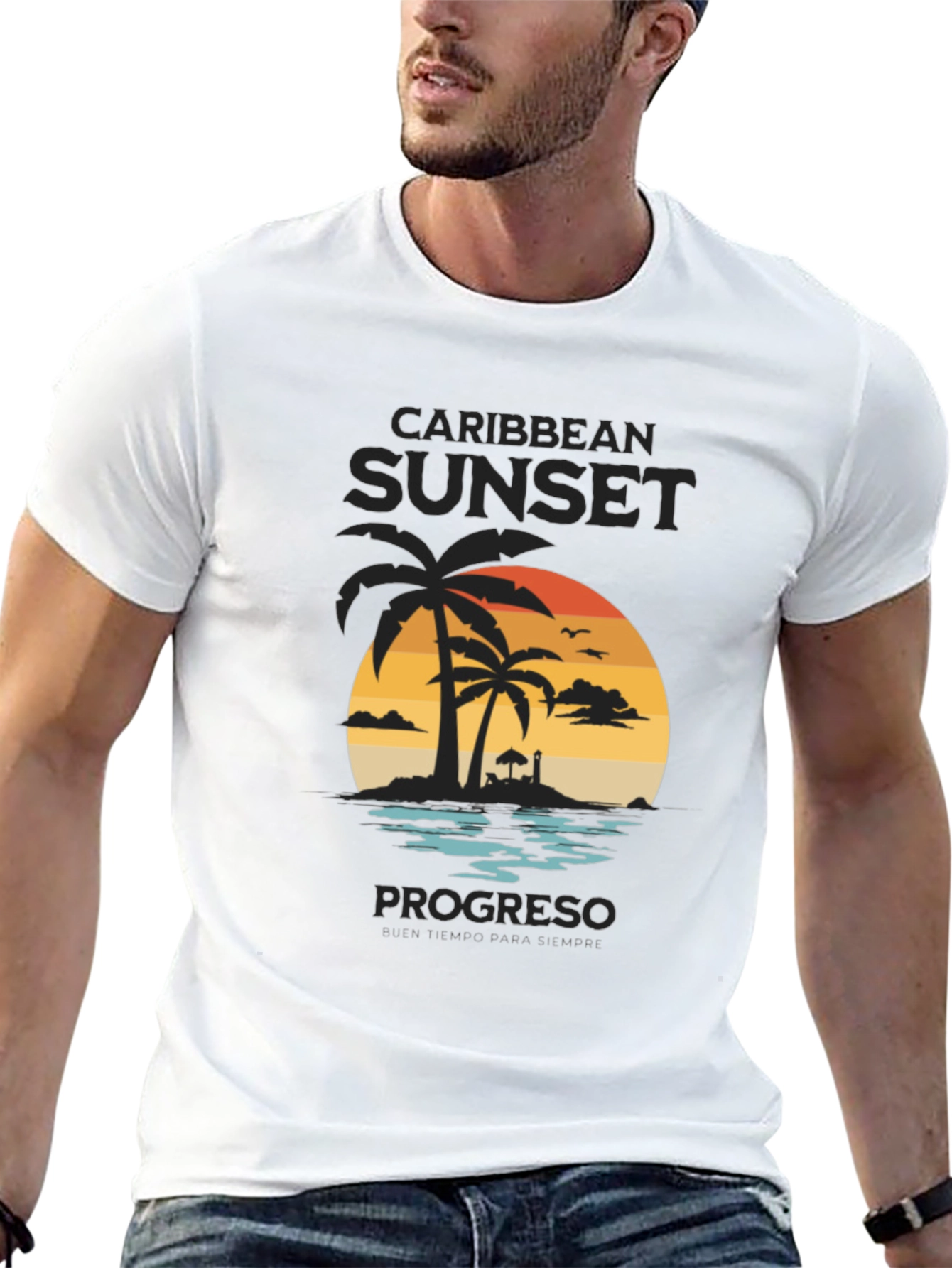 Caribbean Sunset Mens Black Graphic T-Shirt